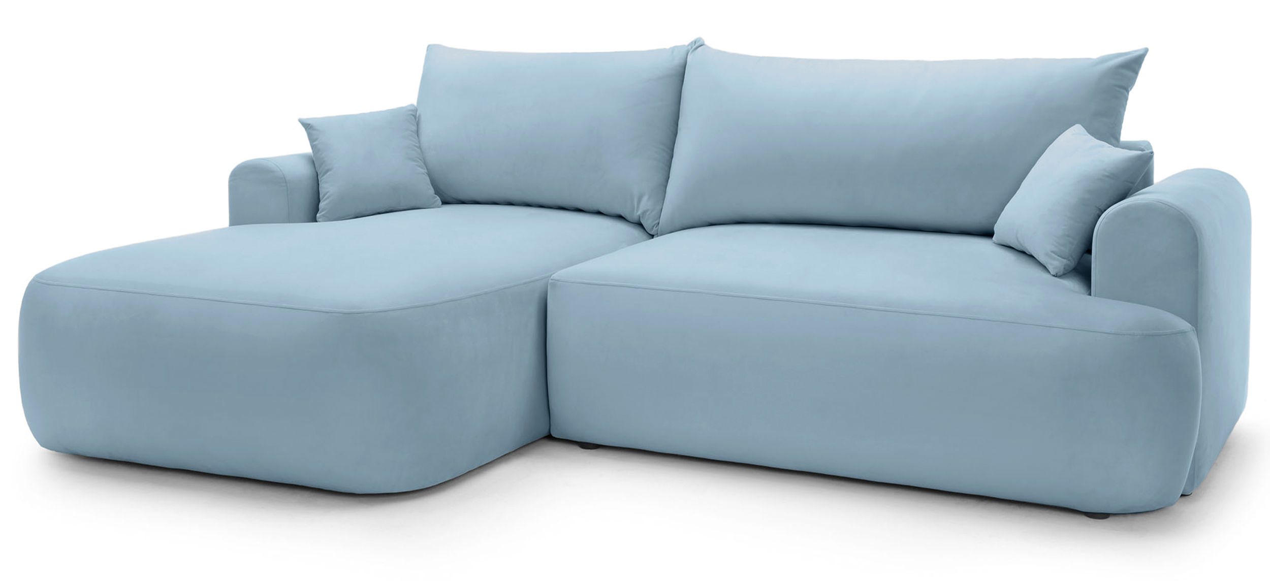 Ecksofa mit Schlaffunktion Ovo, L-förmig, linke Seite, mit Stauraum, hellblauer hydrophober Samt
