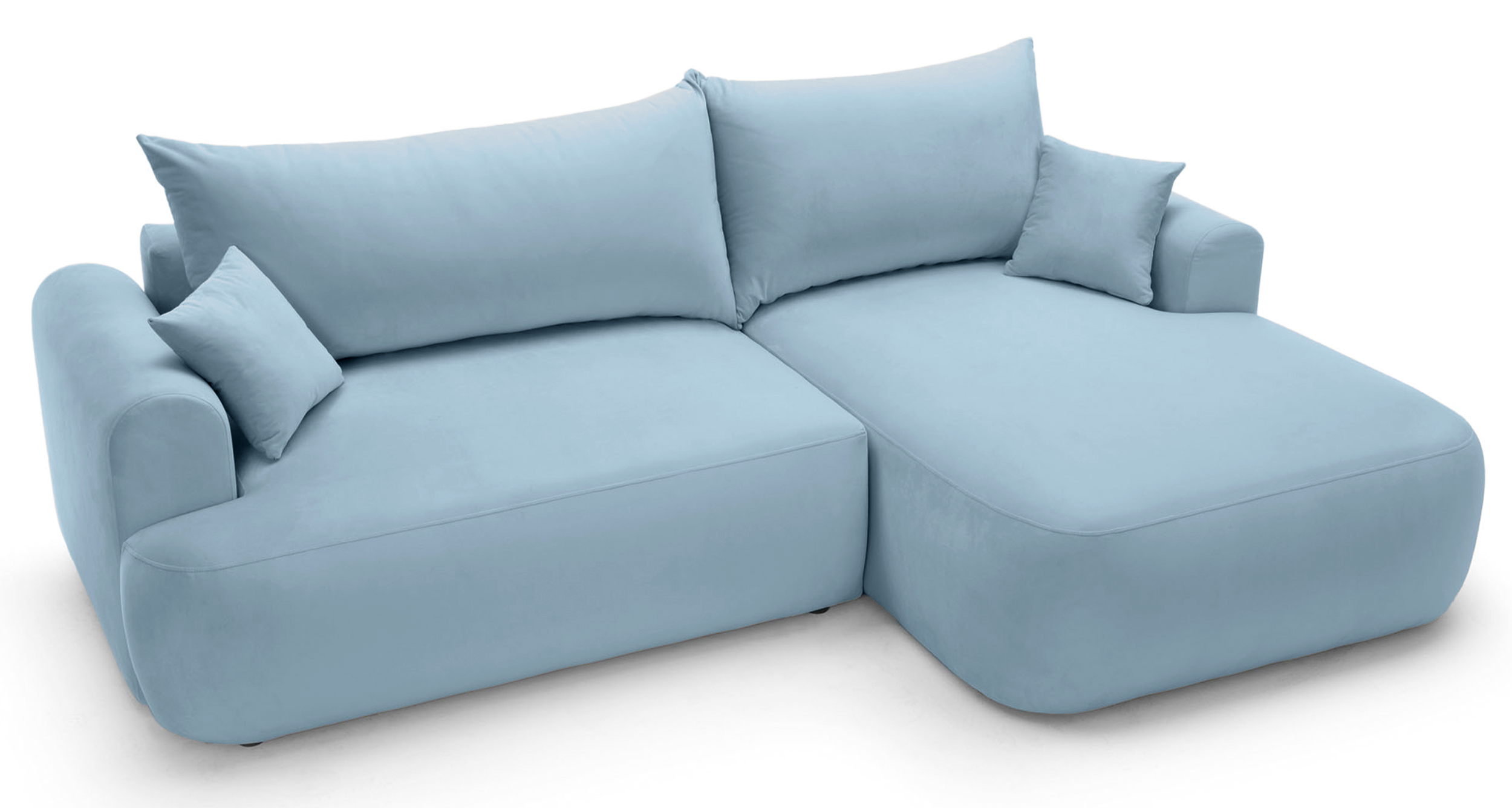 Ovo Ecksofa mit Schlaffunktion, L-Form, rechtsseitig, mit Stauraum, hellblauer hydrophober Samt