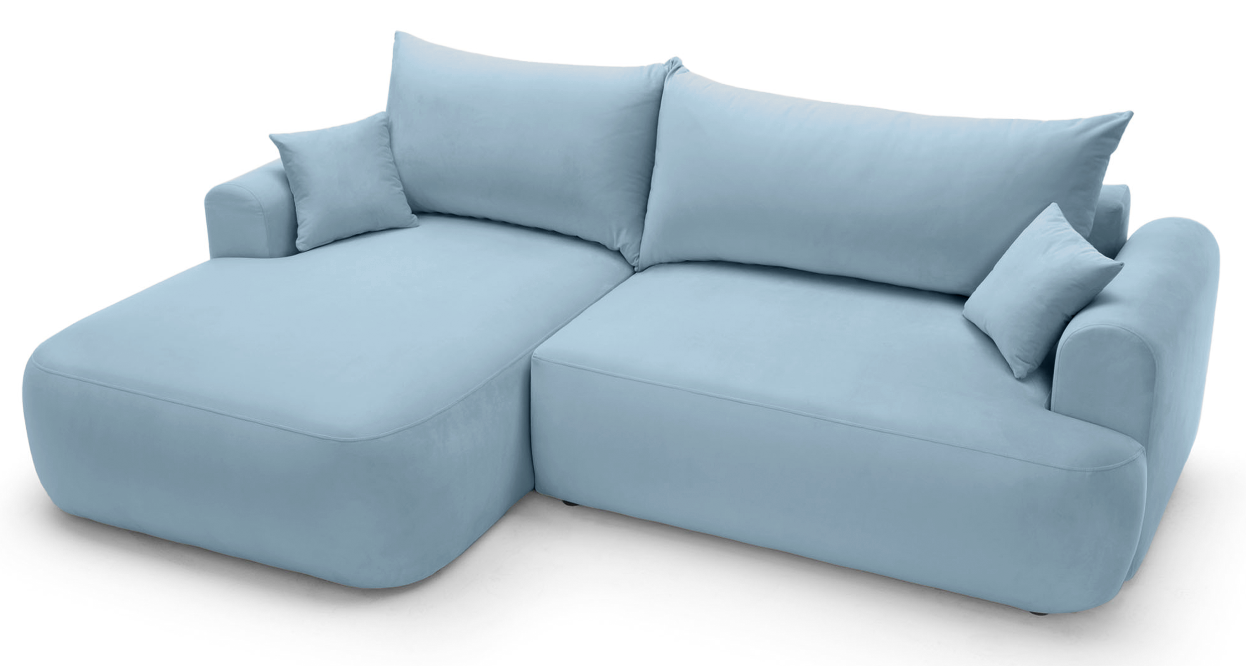 Ecksofa mit Schlaffunktion Ovo, L-förmig, linke Seite, mit Stauraum, hellblauer hydrophober Samt