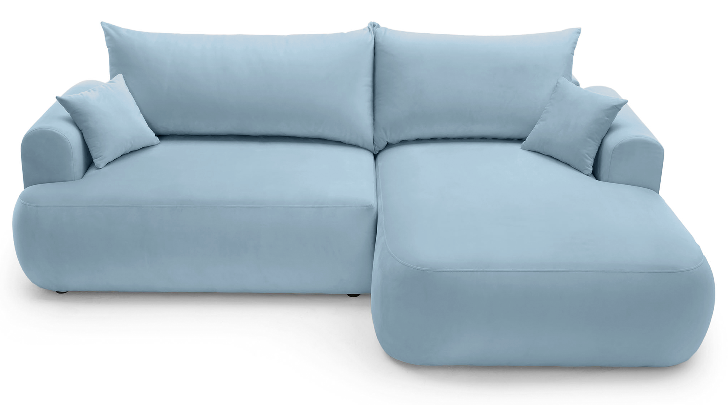 Ovo Ecksofa mit Schlaffunktion, L-Form, rechtsseitig, mit Stauraum, hellblauer hydrophober Samt