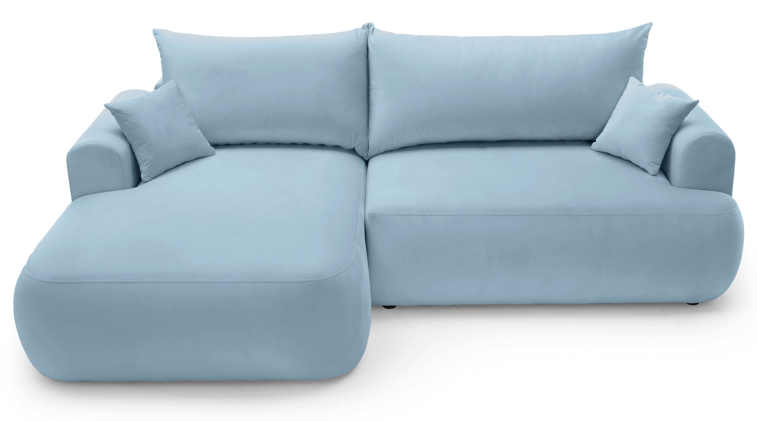 Ecksofa mit Schlaffunktion Ovo, L-förmig, linke Seite, mit Stauraum, hellblauer hydrophober Samt