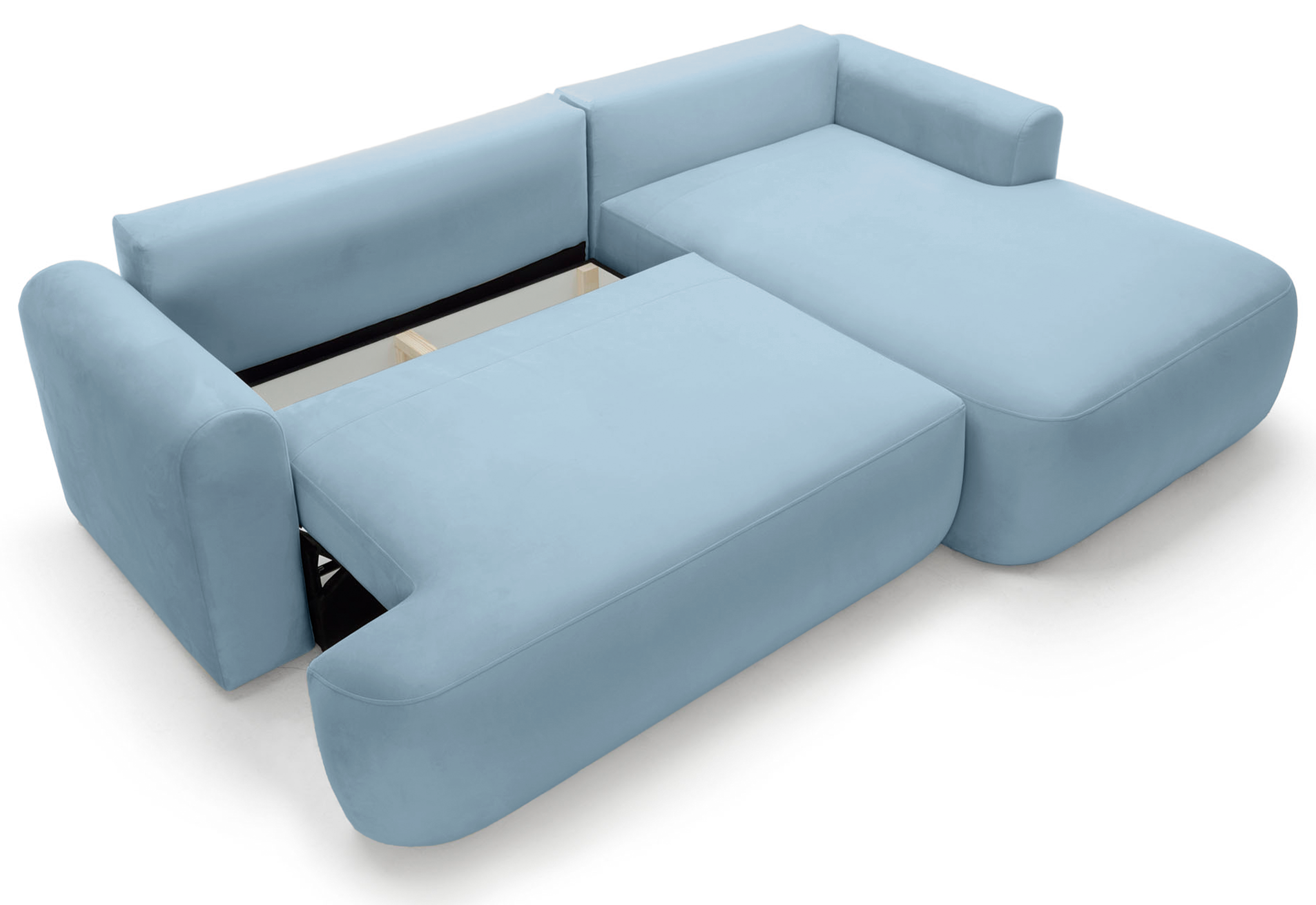 Ovo Ecksofa mit Schlaffunktion, L-Form, rechtsseitig, mit Stauraum, hellblauer hydrophober Samt