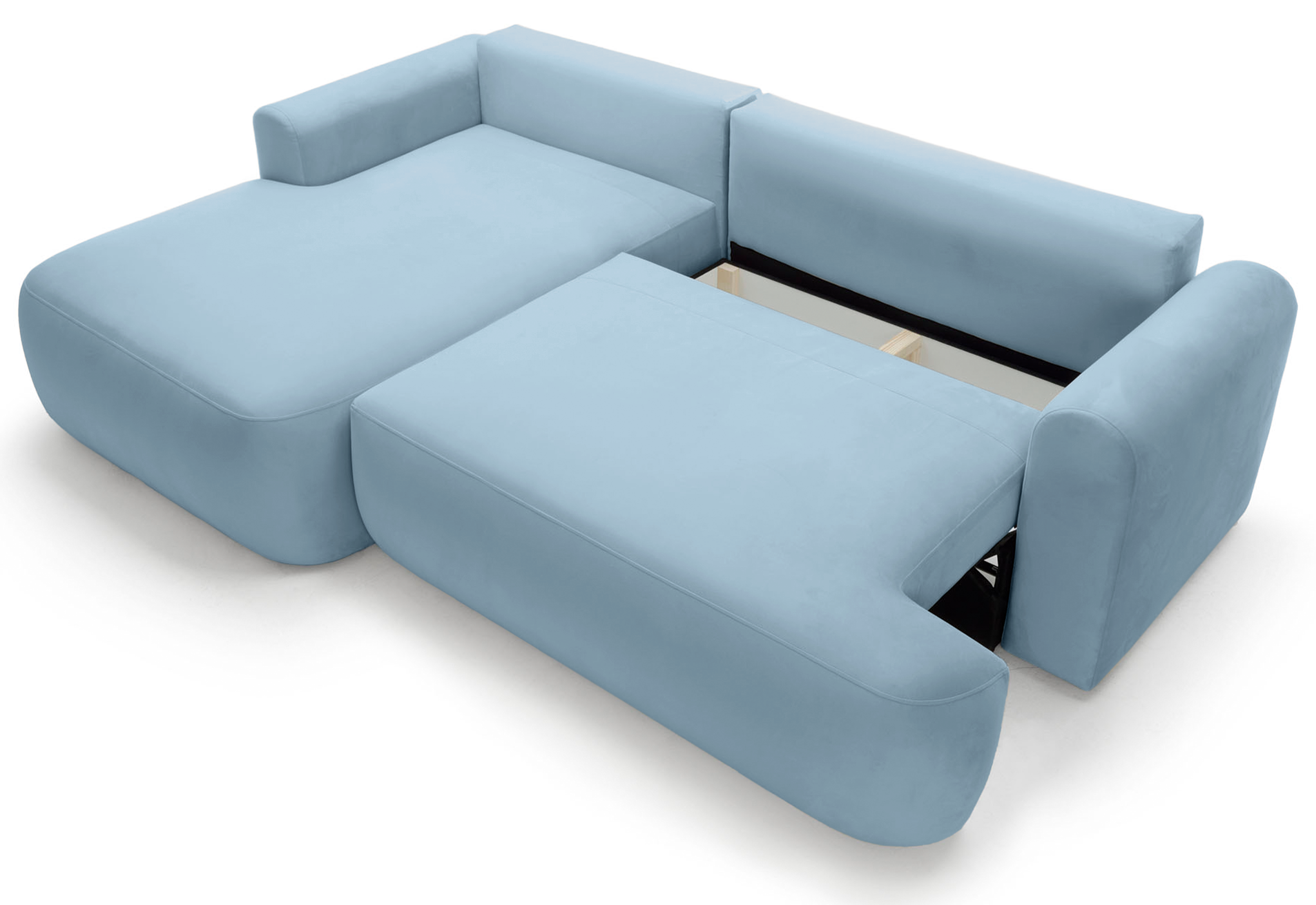 Ecksofa mit Schlaffunktion Ovo, L-förmig, linke Seite, mit Stauraum, hellblauer hydrophober Samt