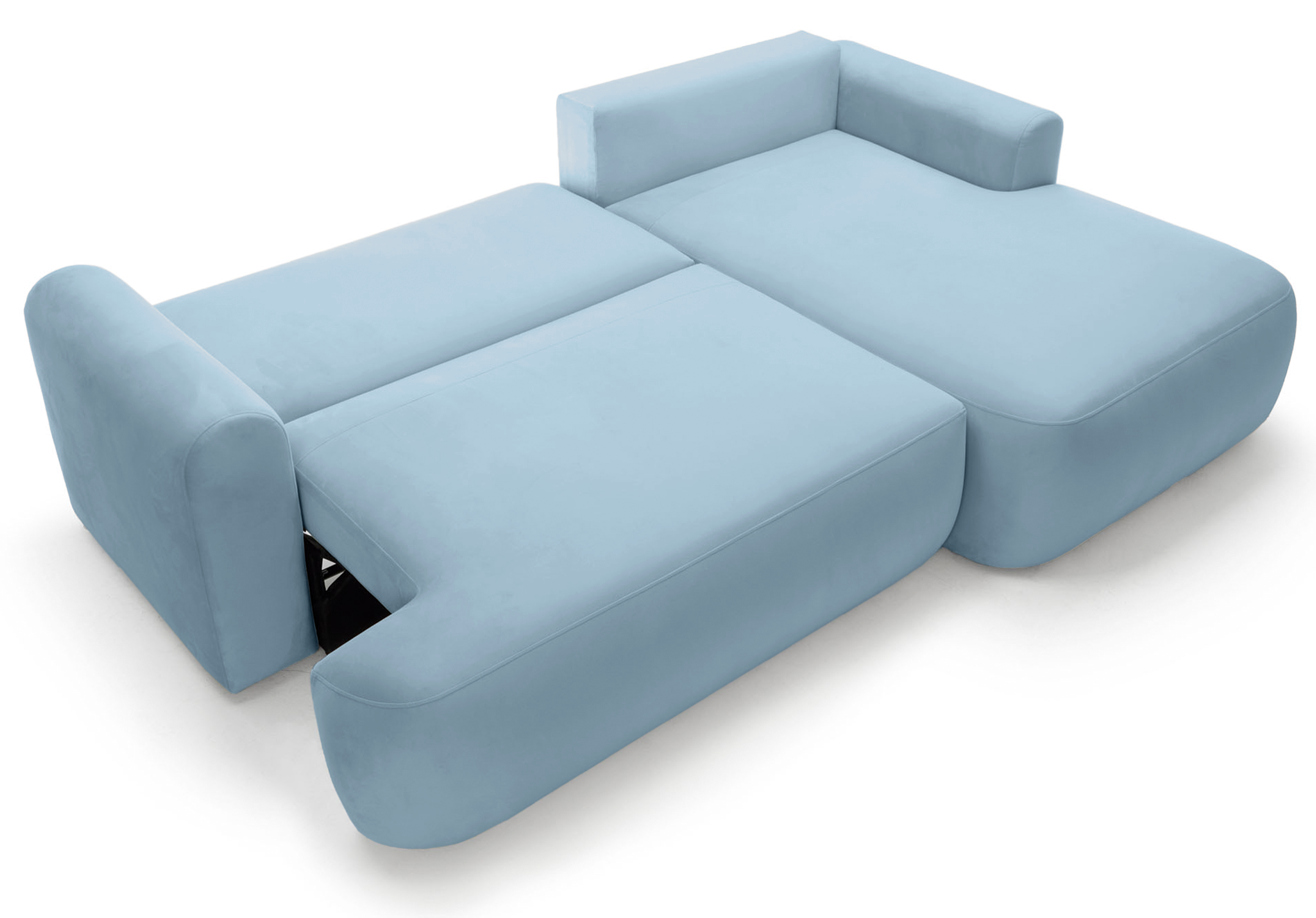 Ovo Ecksofa mit Schlaffunktion, L-Form, rechtsseitig, mit Stauraum, hellblauer hydrophober Samt