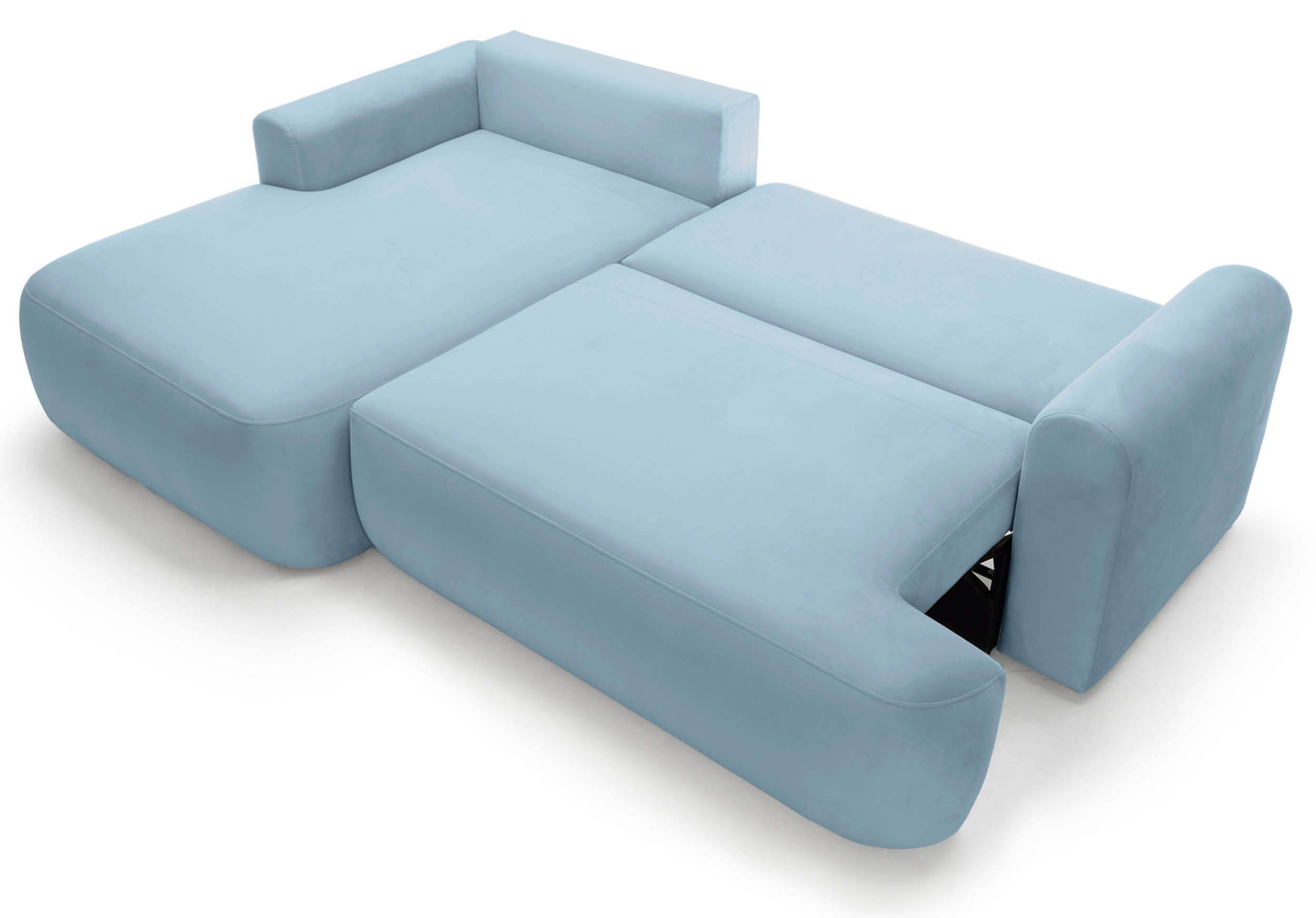 Ecksofa mit Schlaffunktion Ovo, L-förmig, linke Seite, mit Stauraum, hellblauer hydrophober Samt