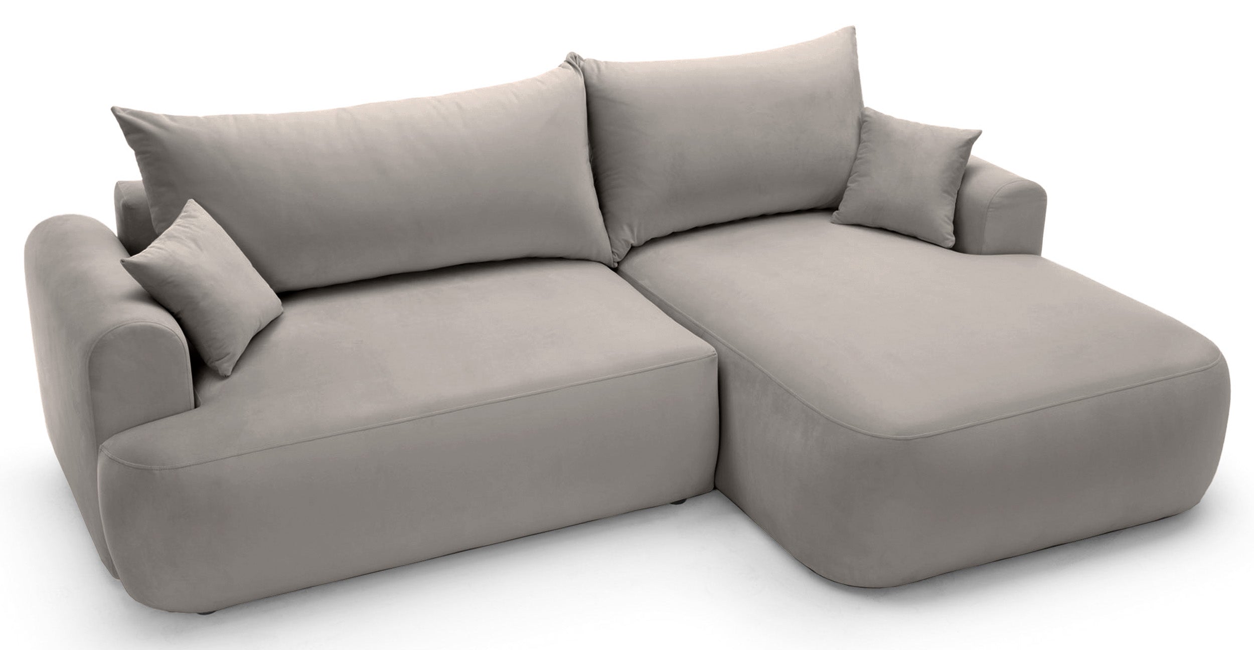 Ecksofa mit Schlafunktion Ovo, L-förmig, rechtsseitig, mit Stauraum, hellgrauer, leicht zu reinigender Samtstoff