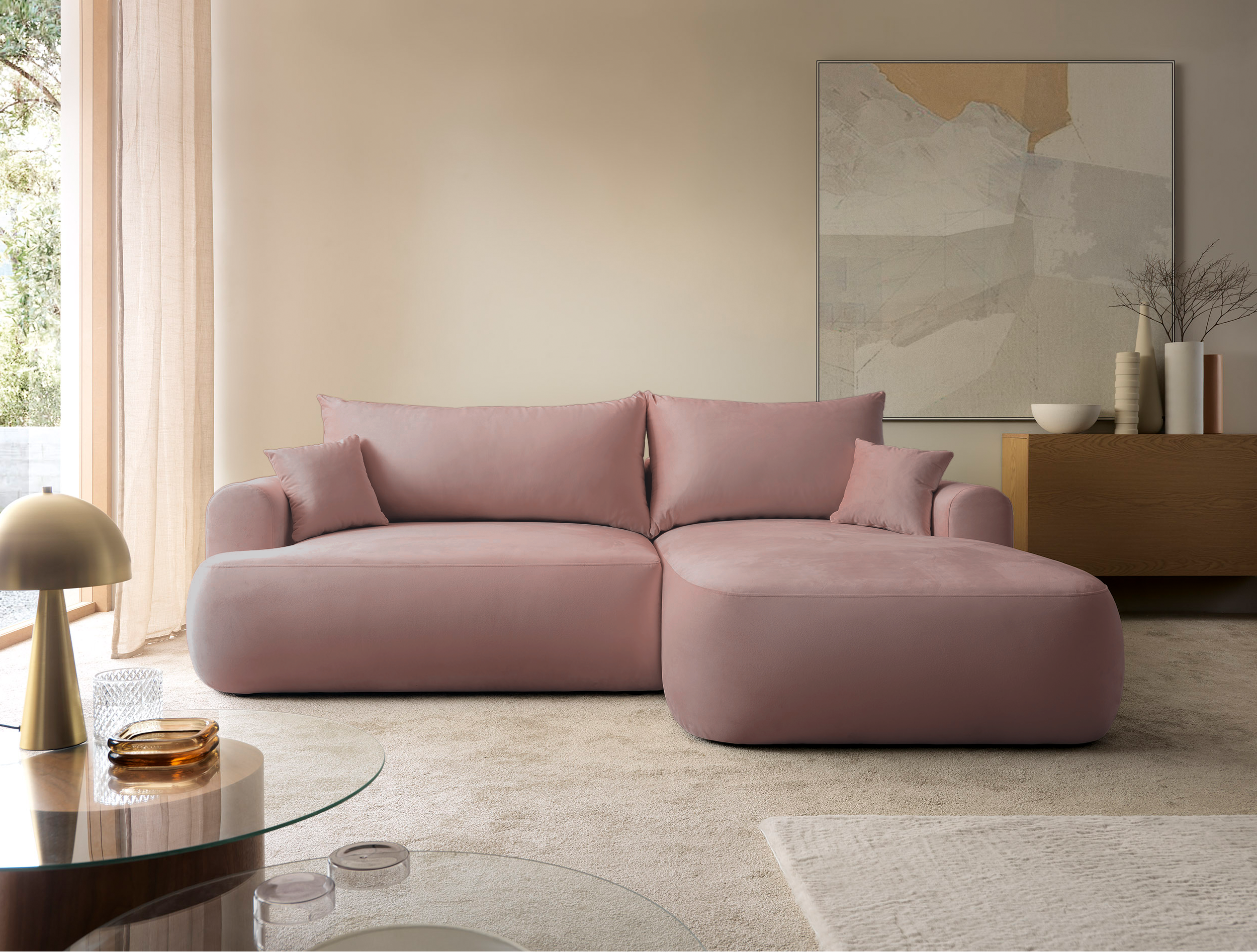 Ecksofa mit Schlafunktion Ovo, L-förmig, rechtsseitig, mit Stauraum, hellrosa, wasserabweisender Samt