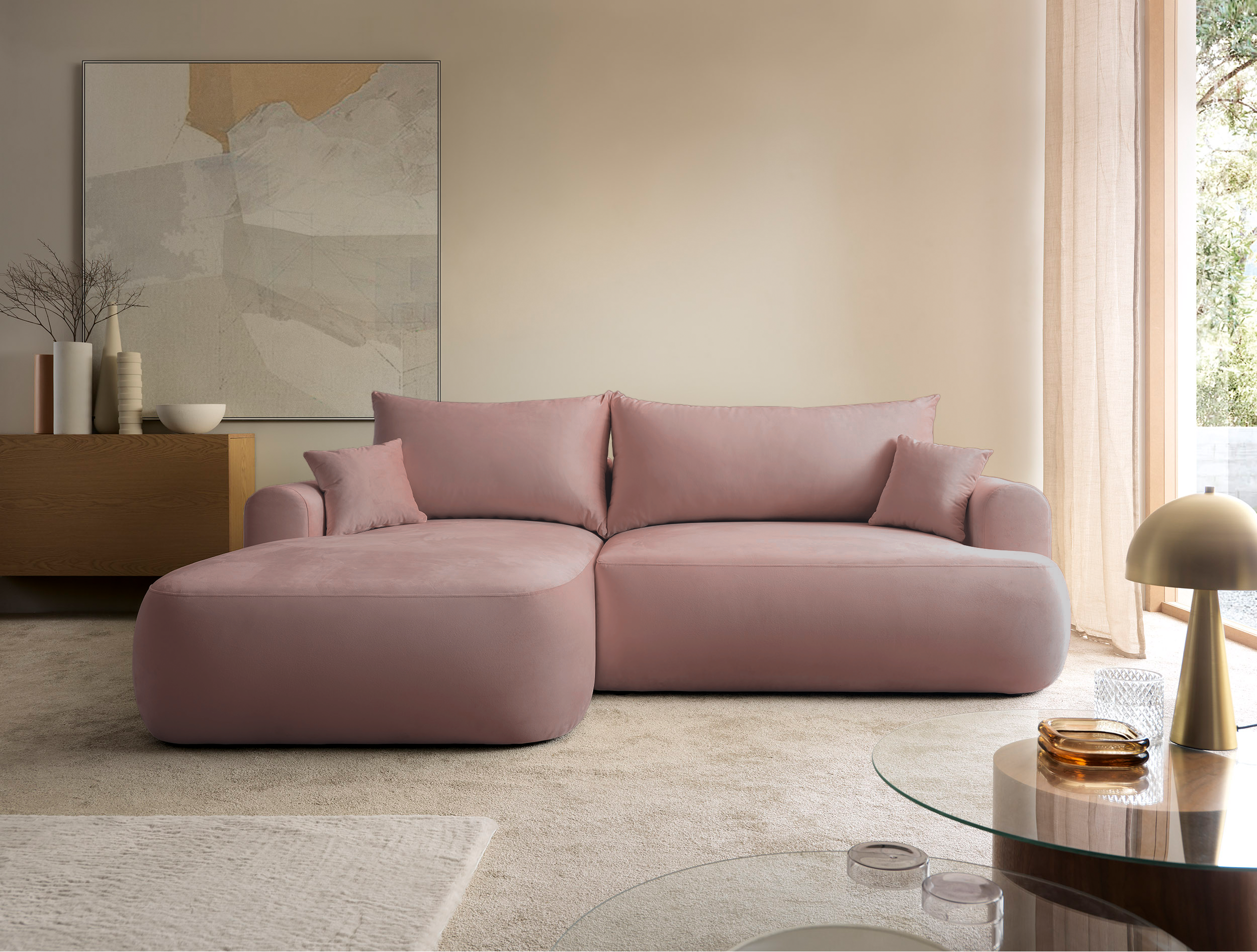 Ovo Ecksofa mit Schlaffunktion, L-Form, linksseitig, mit Stauraum, hellrosa Velours, wasserabweisend