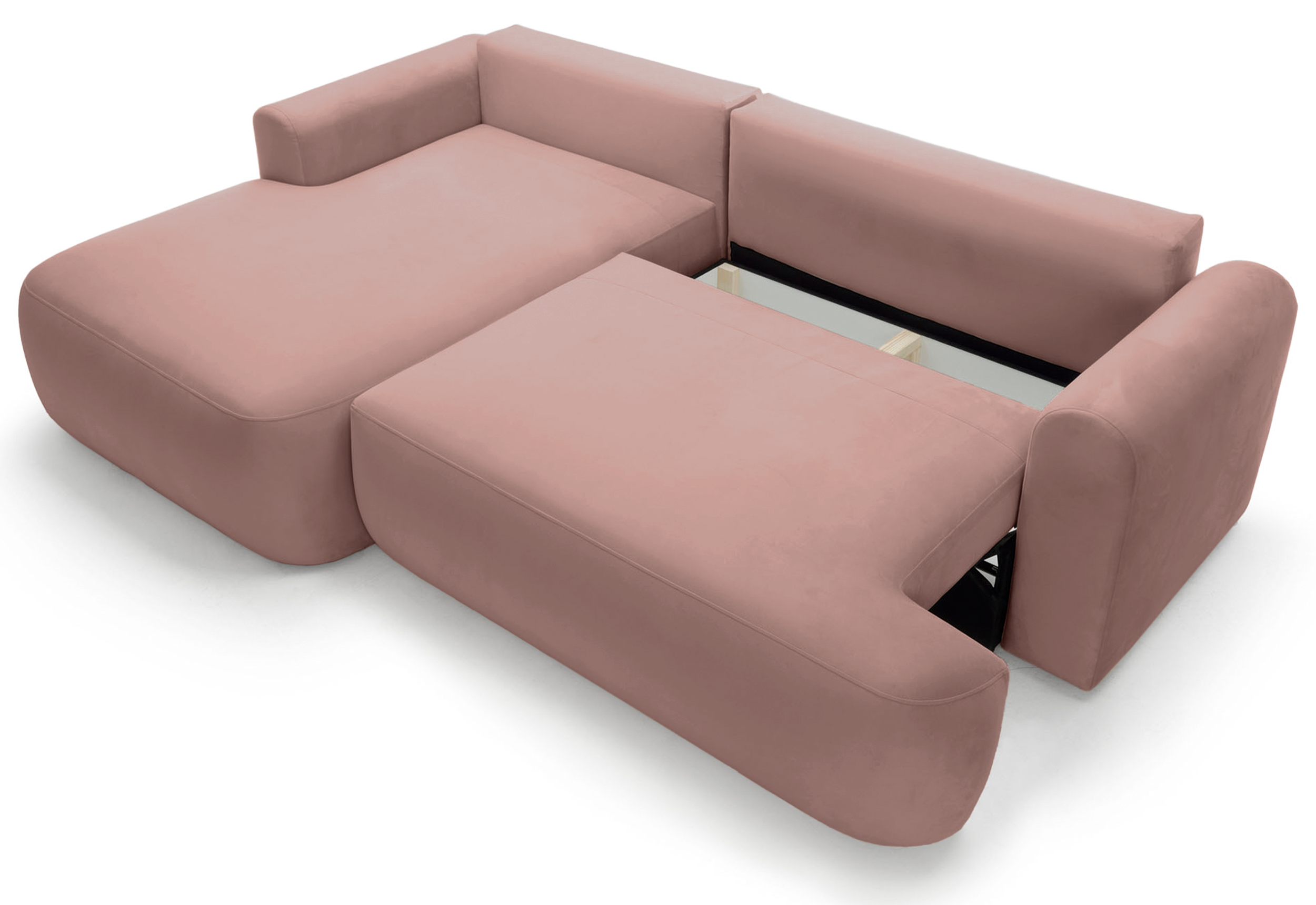 Ovo Ecksofa mit Schlaffunktion, L-Form, linksseitig, mit Stauraum, hellrosa Velours, wasserabweisend