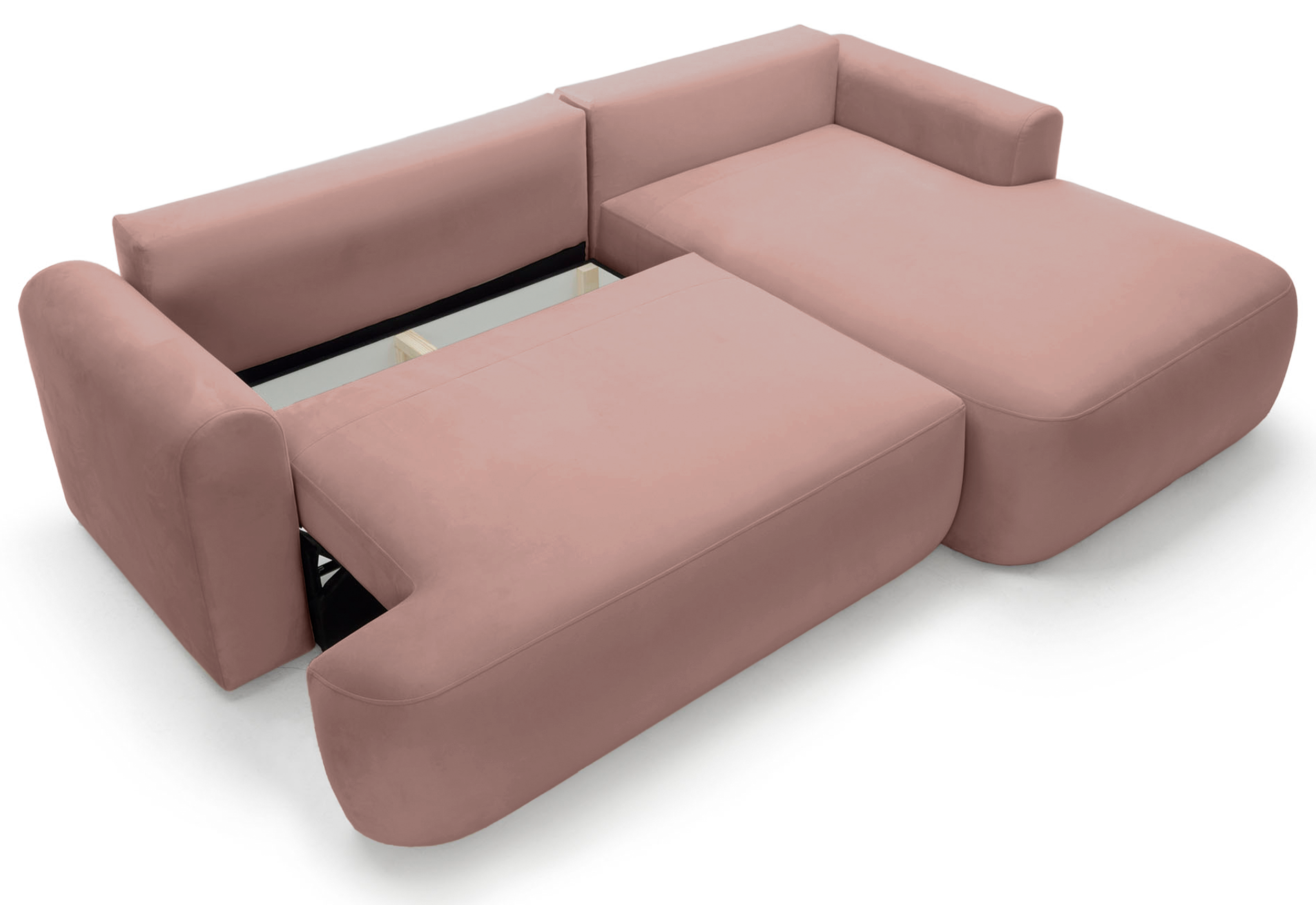 Ecksofa mit Schlafunktion Ovo, L-förmig, rechtsseitig, mit Stauraum, hellrosa, wasserabweisender Samt