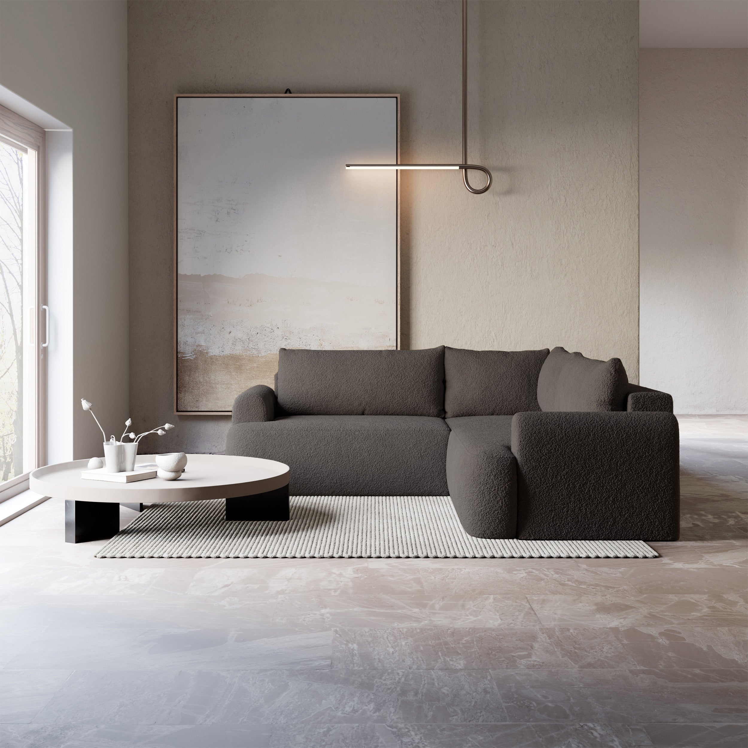 Ecksofa mit Schlaffunktion, Ovo, L-förmig, universell, grau-braun, Bouclé