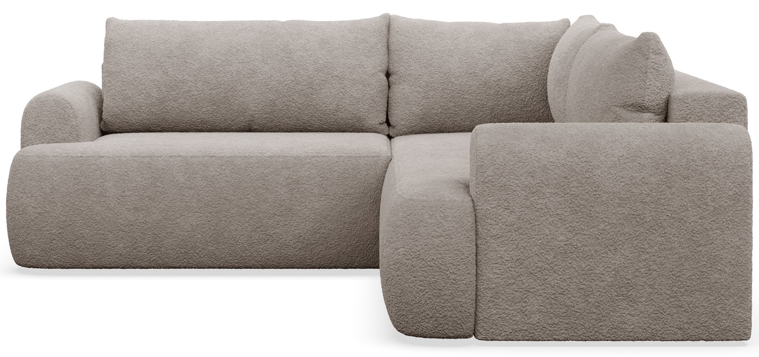 Ecksofa mit Schlaffunktion, universal links- oder rechtsseitig montierbar, Ovo L-förmig, dunkelbeige Bouclé