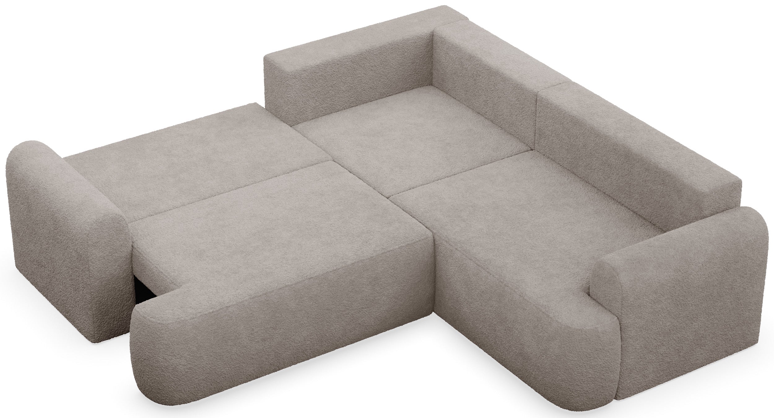 Ecksofa mit Schlaffunktion, universal links- oder rechtsseitig montierbar, Ovo L-förmig, dunkelbeige Bouclé