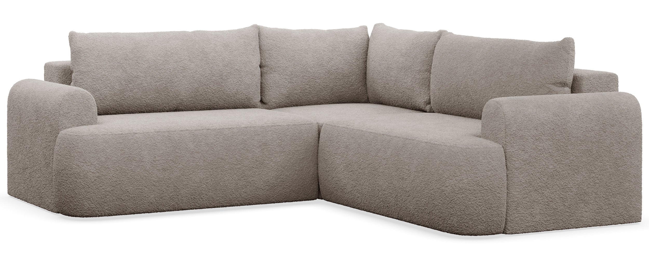 Ecksofa mit Schlaffunktion, universal links- oder rechtsseitig montierbar, Ovo L-förmig, dunkelbeige Bouclé
