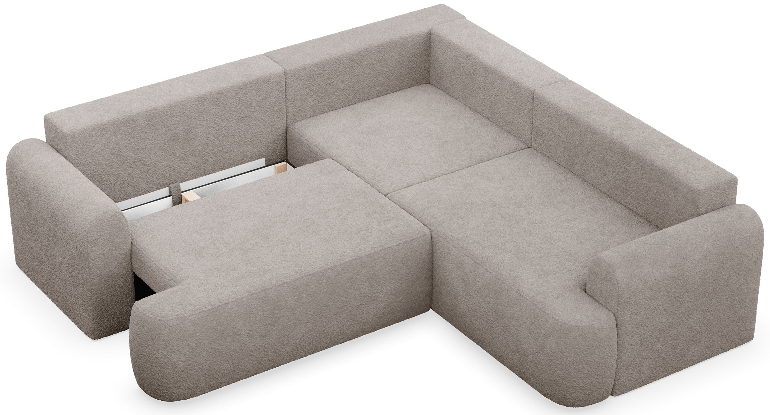 Ecksofa mit Schlaffunktion, universal links- oder rechtsseitig montierbar, Ovo L-förmig, dunkelbeige Bouclé
