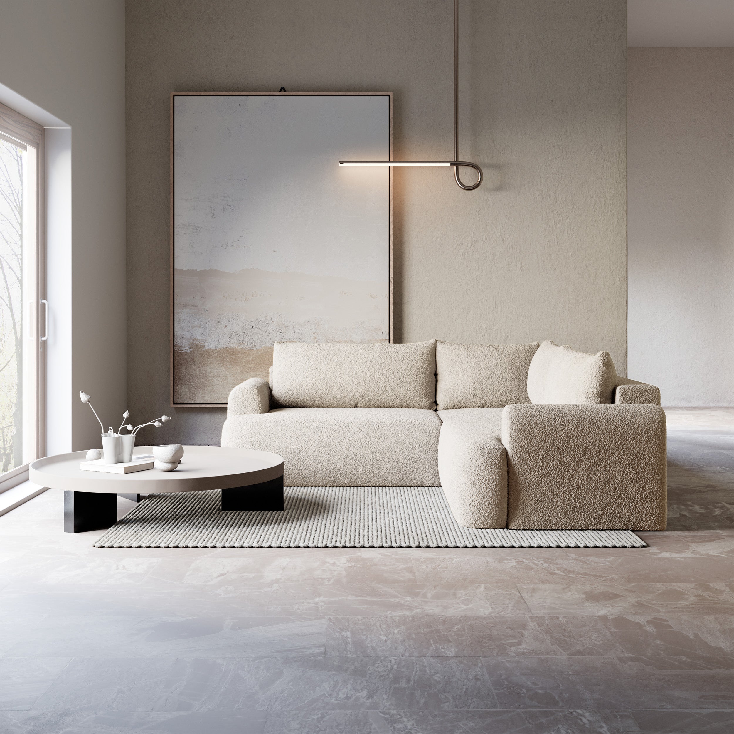Ecksofa mit Schlaffunktion, Ovo, L-förmig, universell, beige Bouclé