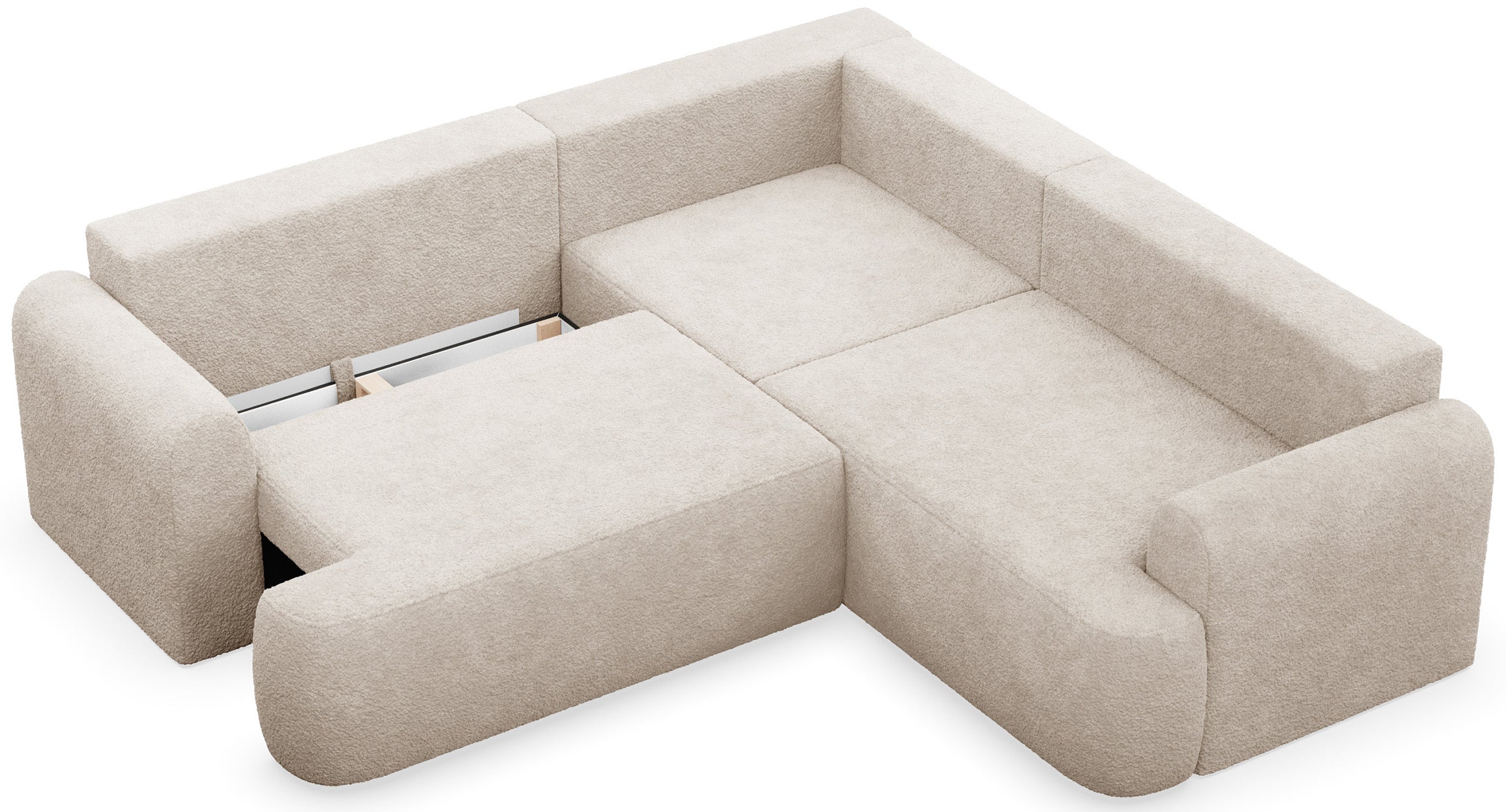 Ecksofa mit Schlaffunktion, Ovo, L-förmig, universell, beige Bouclé