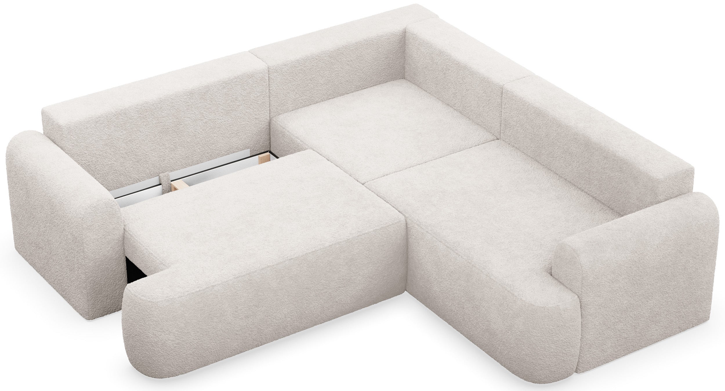 Ecksofa mit Schlaffunktion, L-förmig, universell, cremefarben, Bouclé-Stoff, Modell Ovo