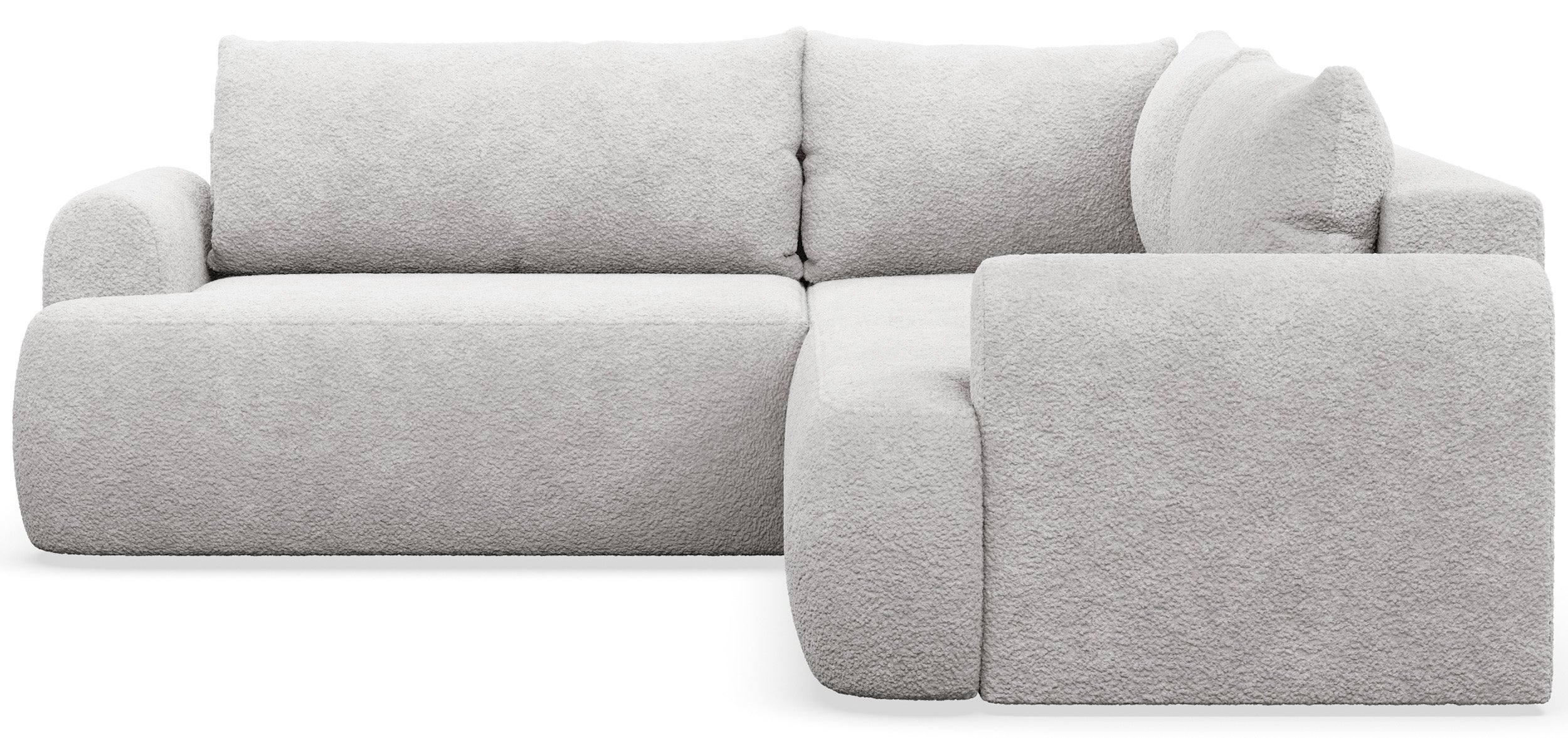 Ecksofa mit Schlaffunktion, universal L-förmig, hellgrauer Bouclé-Stoff, Modell Ovo