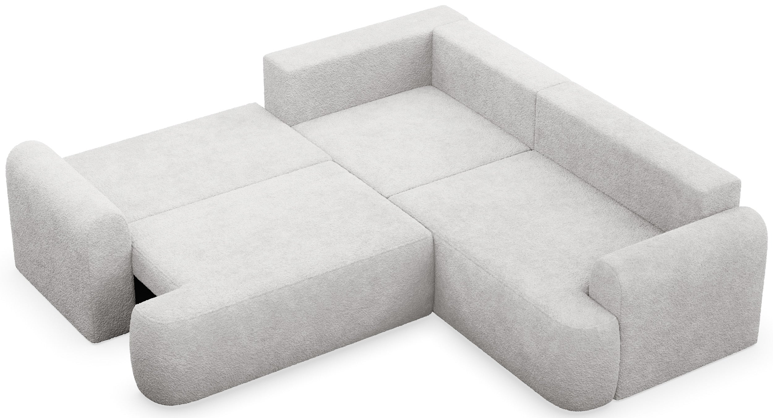 Ecksofa mit Schlaffunktion, universal L-förmig, hellgrauer Bouclé-Stoff, Modell Ovo