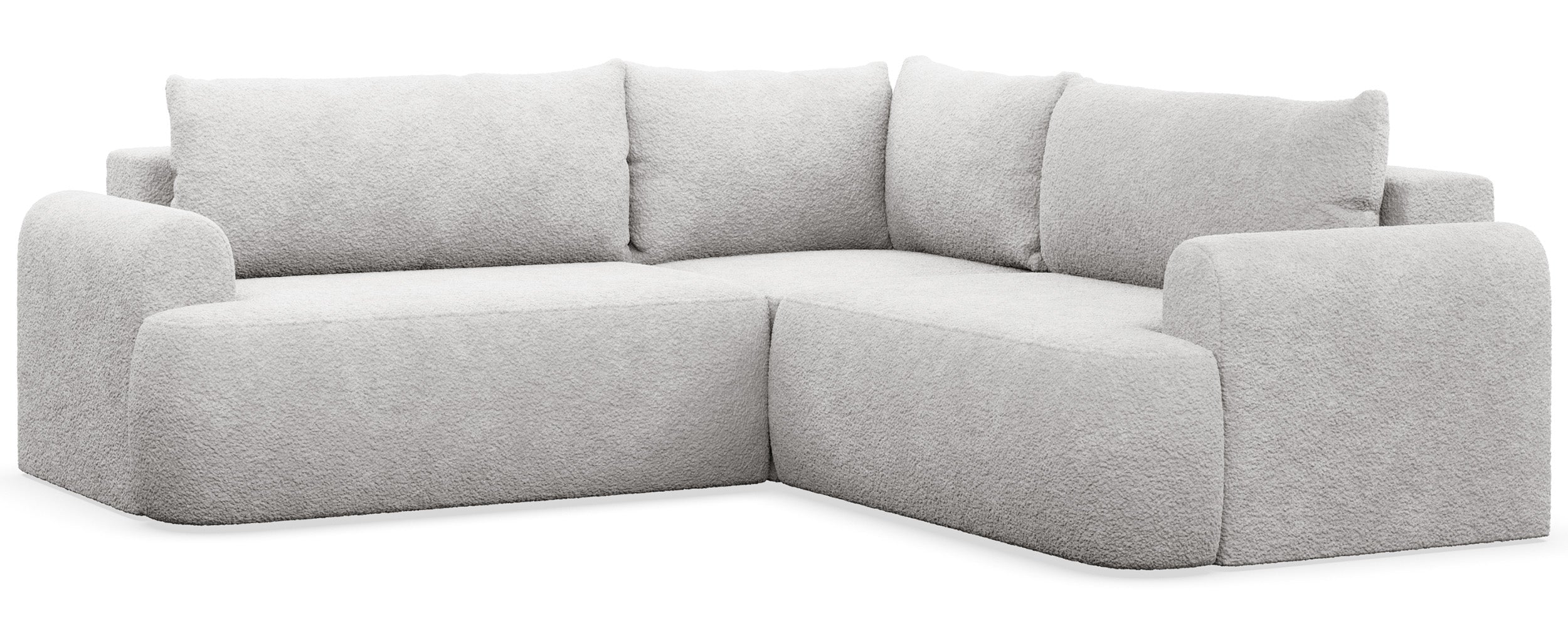 Ecksofa mit Schlaffunktion, universal L-förmig, hellgrauer Bouclé-Stoff, Modell Ovo