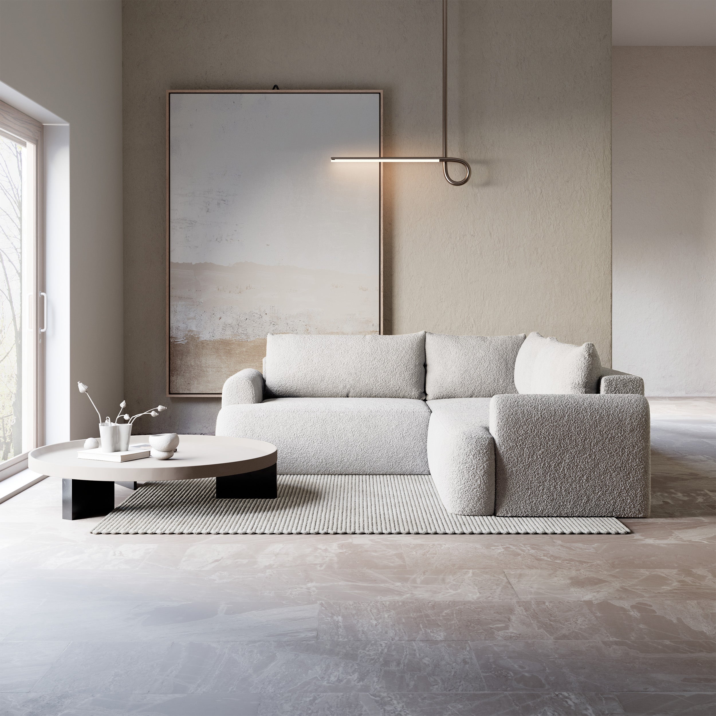 Ecksofa mit Schlaffunktion, universal L-förmig, hellgrauer Bouclé-Stoff, Modell Ovo