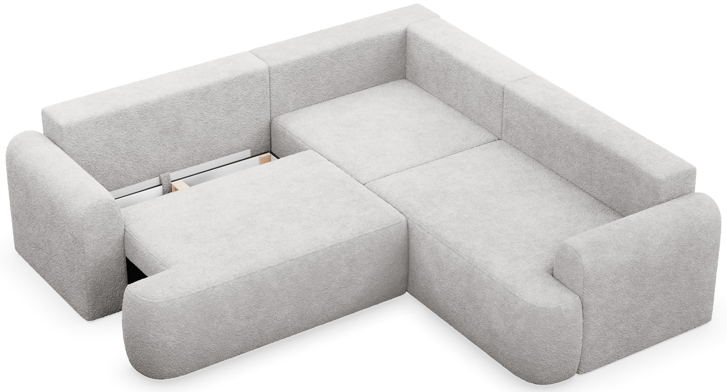 Ecksofa mit Schlaffunktion, universal L-förmig, hellgrauer Bouclé-Stoff, Modell Ovo