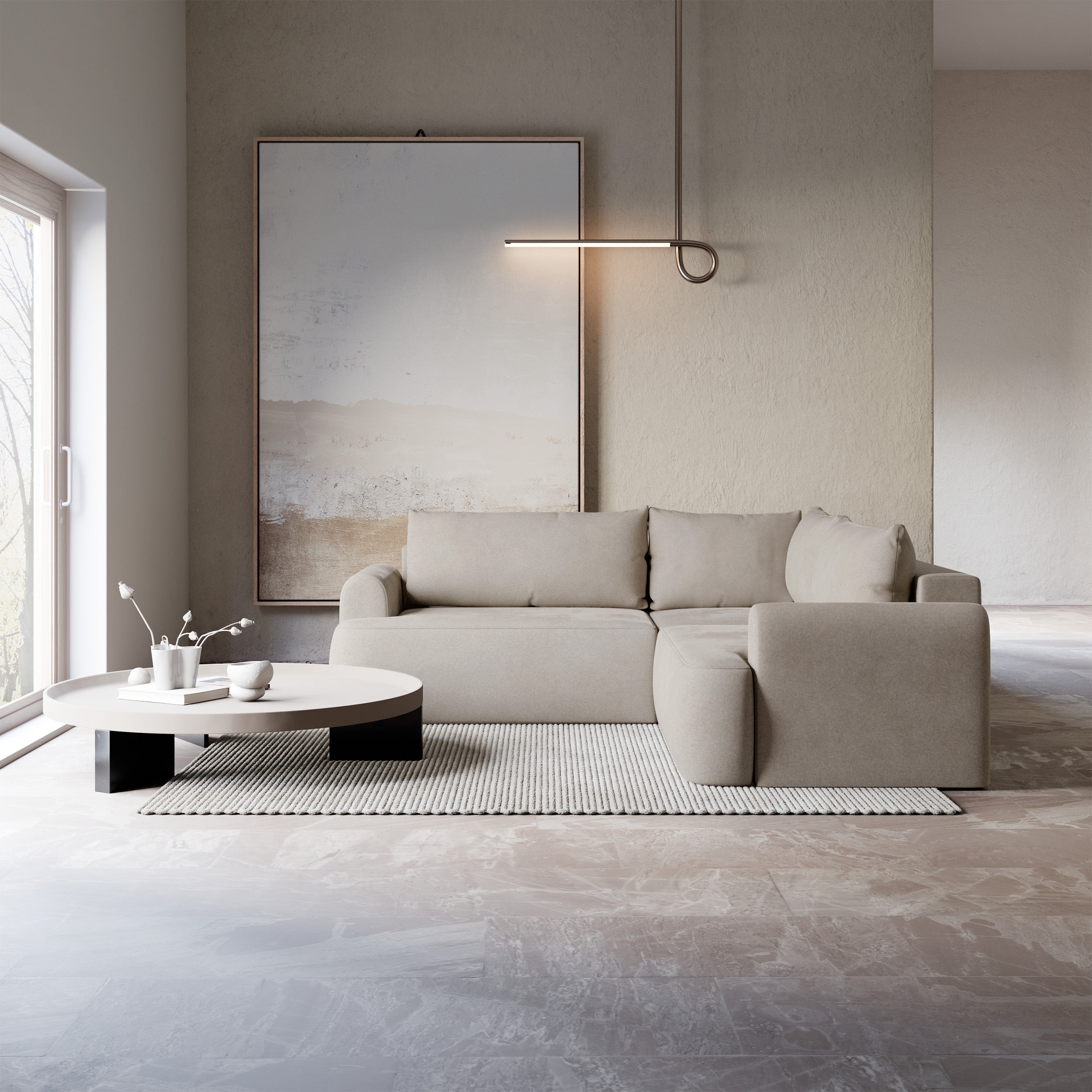 Ecksofa mit Schlaffunktion, universal L-förmig, Ovo, beige, Samt, leicht zu reinigen
