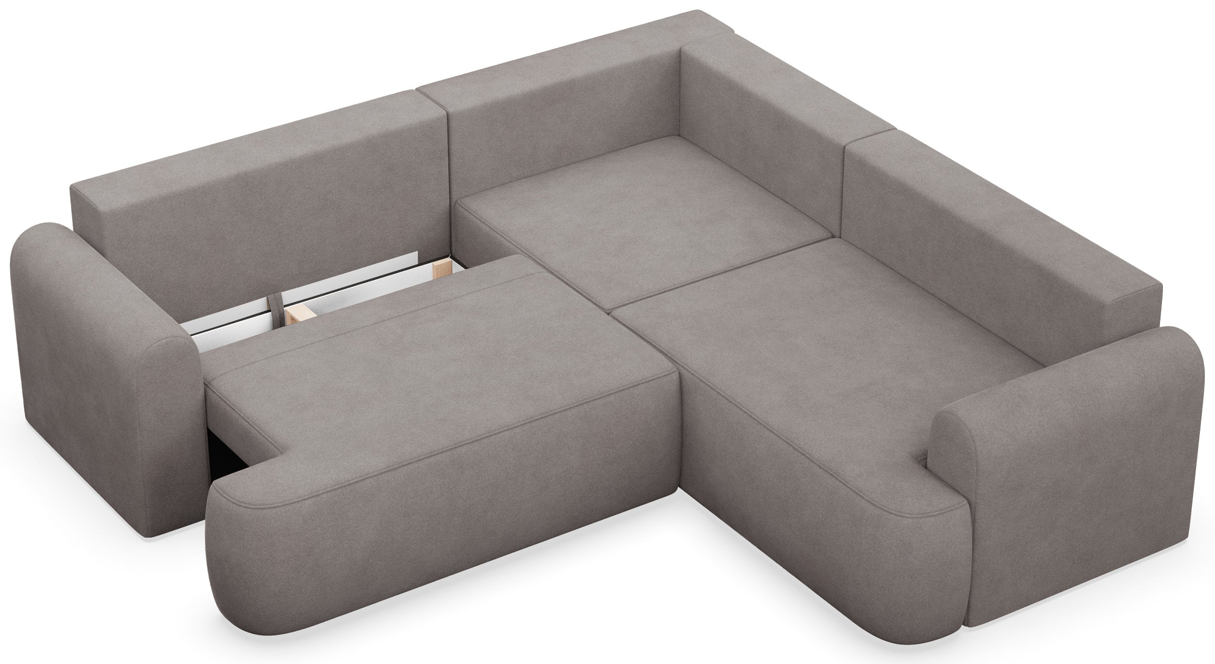 Ecksofa mit Schlaffunktion, Ovo, L-förmig, universell, grau-brauner Velours, leicht zu reinigen