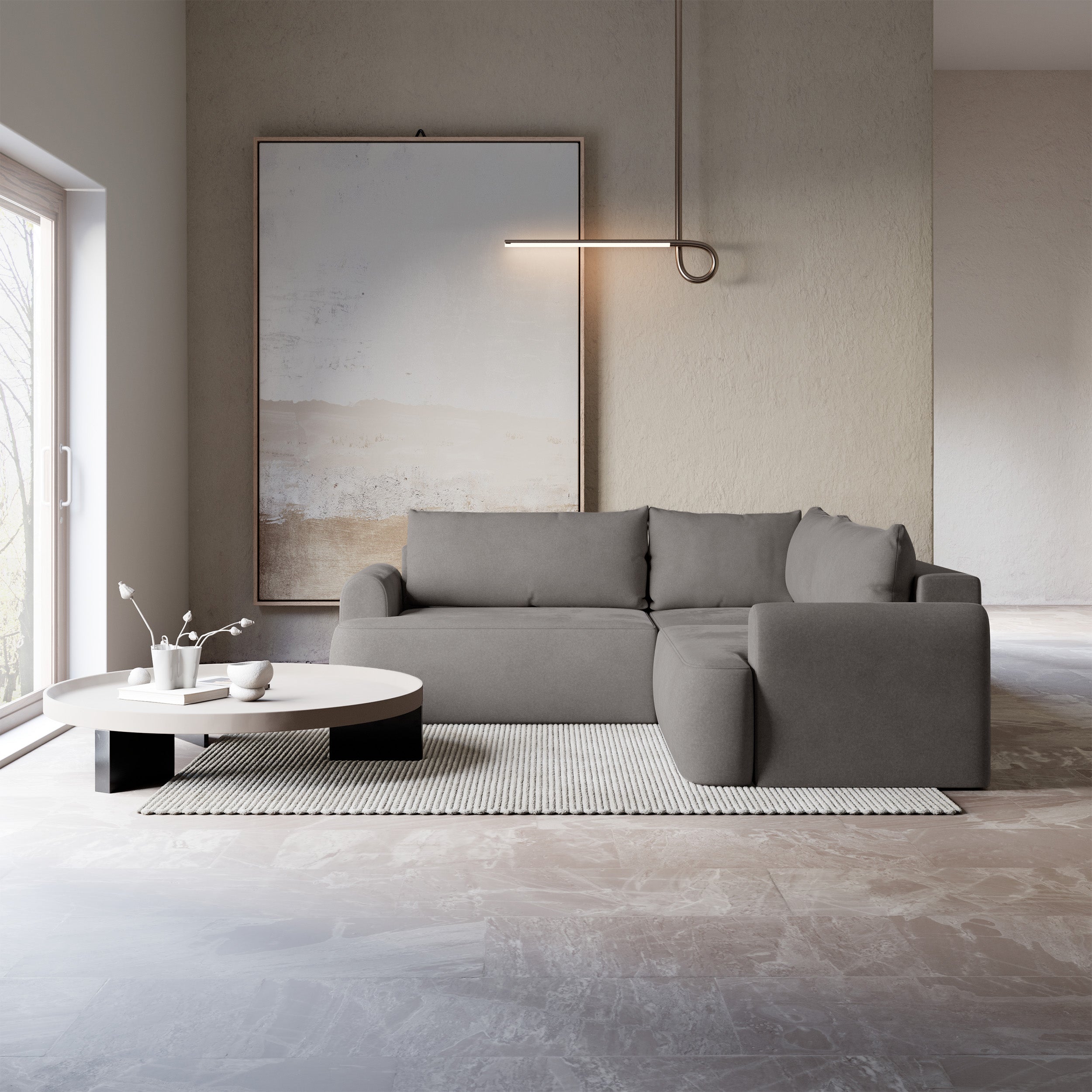 Ecksofa mit Schlaffunktion, Ovo, L-förmig, universell, grau-brauner Velours, leicht zu reinigen
