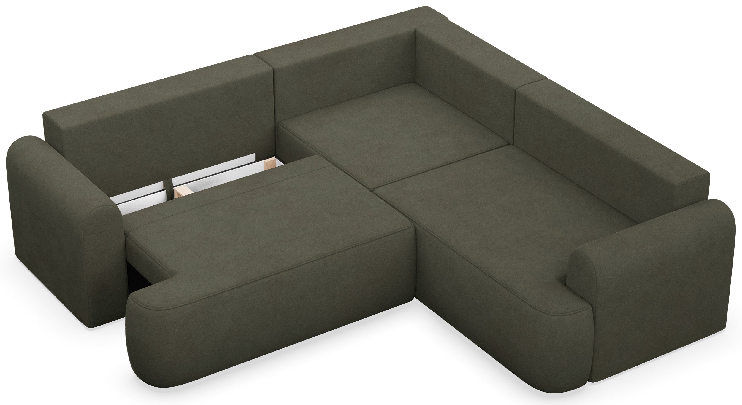 Ecksofa mit Schlaffunktion, Ovo, L-förmig, universell, olivgrüner, leicht zu reinigender Samtbezug