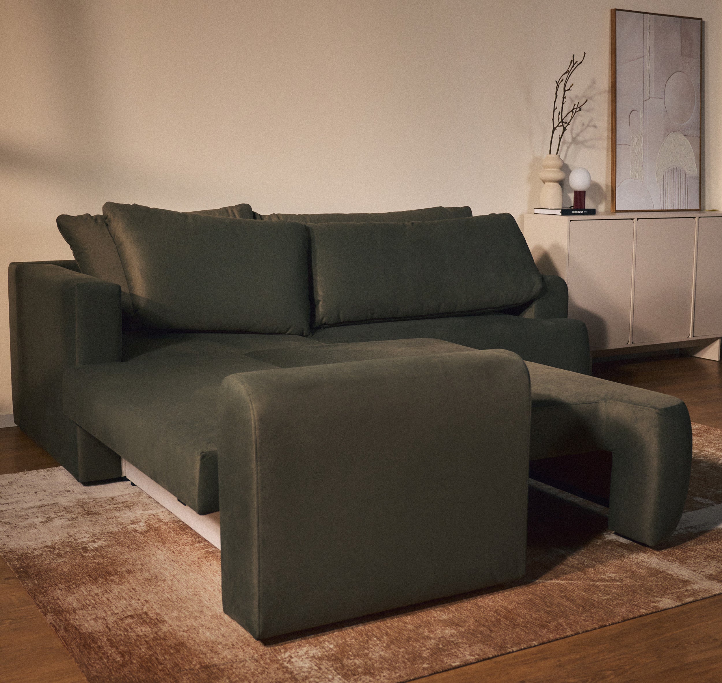 Ecksofa mit Schlaffunktion, Ovo, L-förmig, universell, olivgrüner, leicht zu reinigender Samtbezug