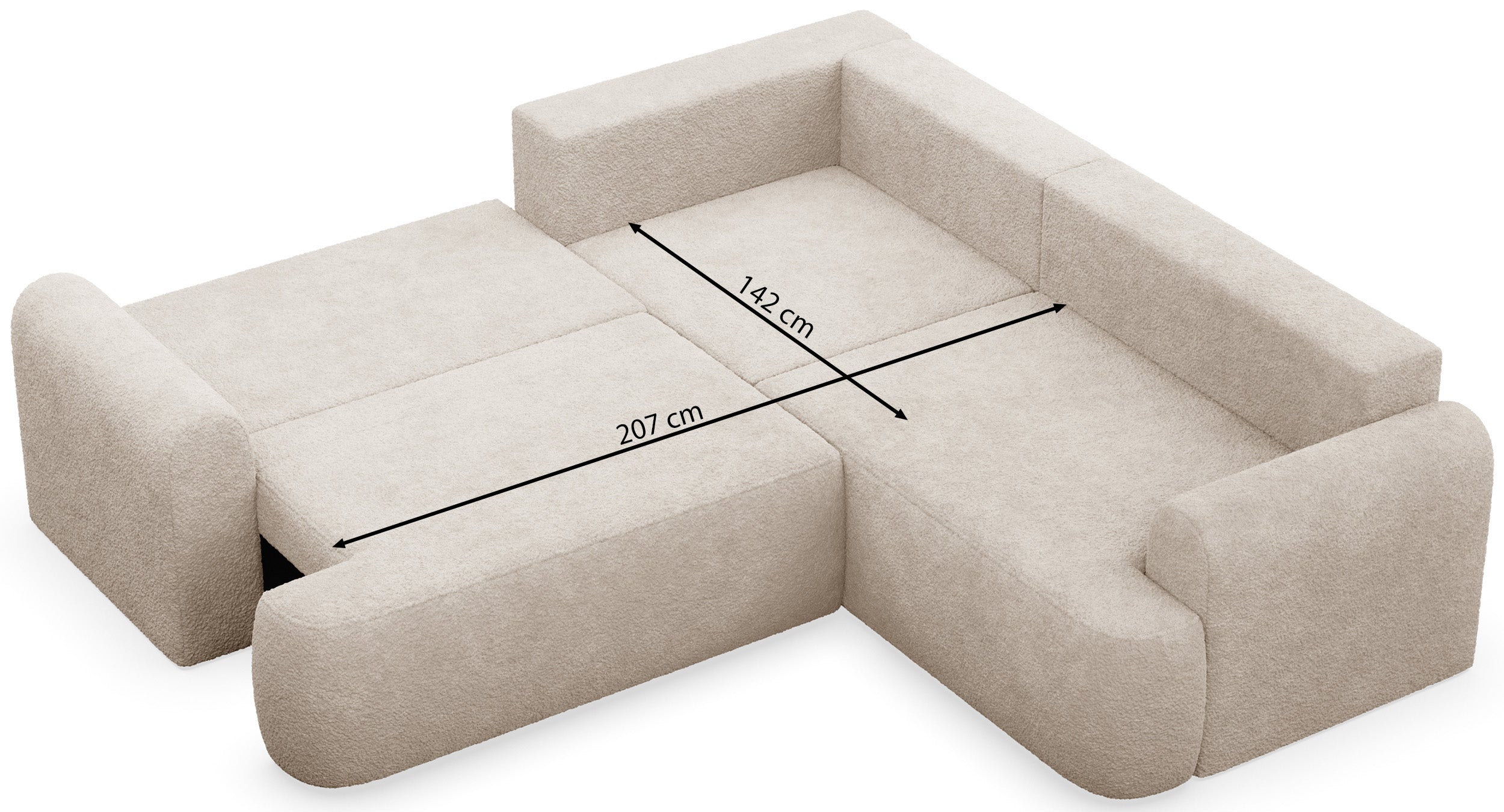 Ecksofa mit Schlaffunktion, universal L-förmig, hellgrauer Bouclé-Stoff, Modell Ovo