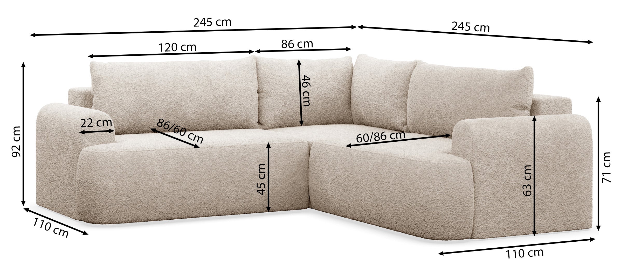 Ecksofa mit Schlaffunktion, universal L-förmig, hellgrauer Bouclé-Stoff, Modell Ovo