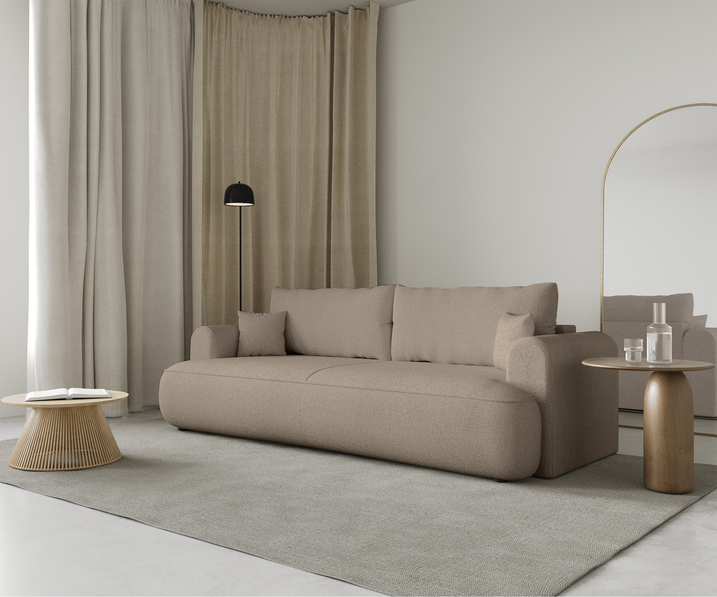 Dreisitziges ausklappbares Sofa Ovo mit Stauraum, beige Chenille