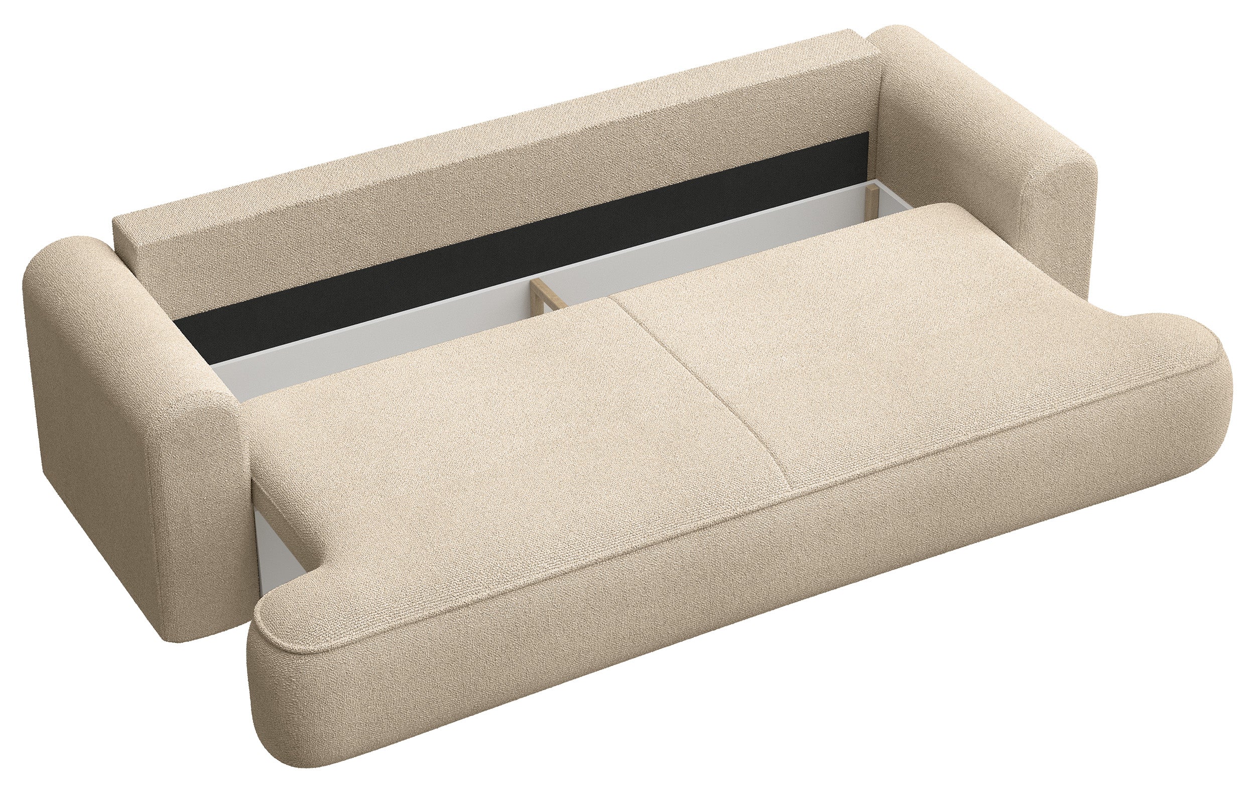 Dreisitziges ausklappbares Sofa Ovo mit Stauraum, hellbeige Chenille