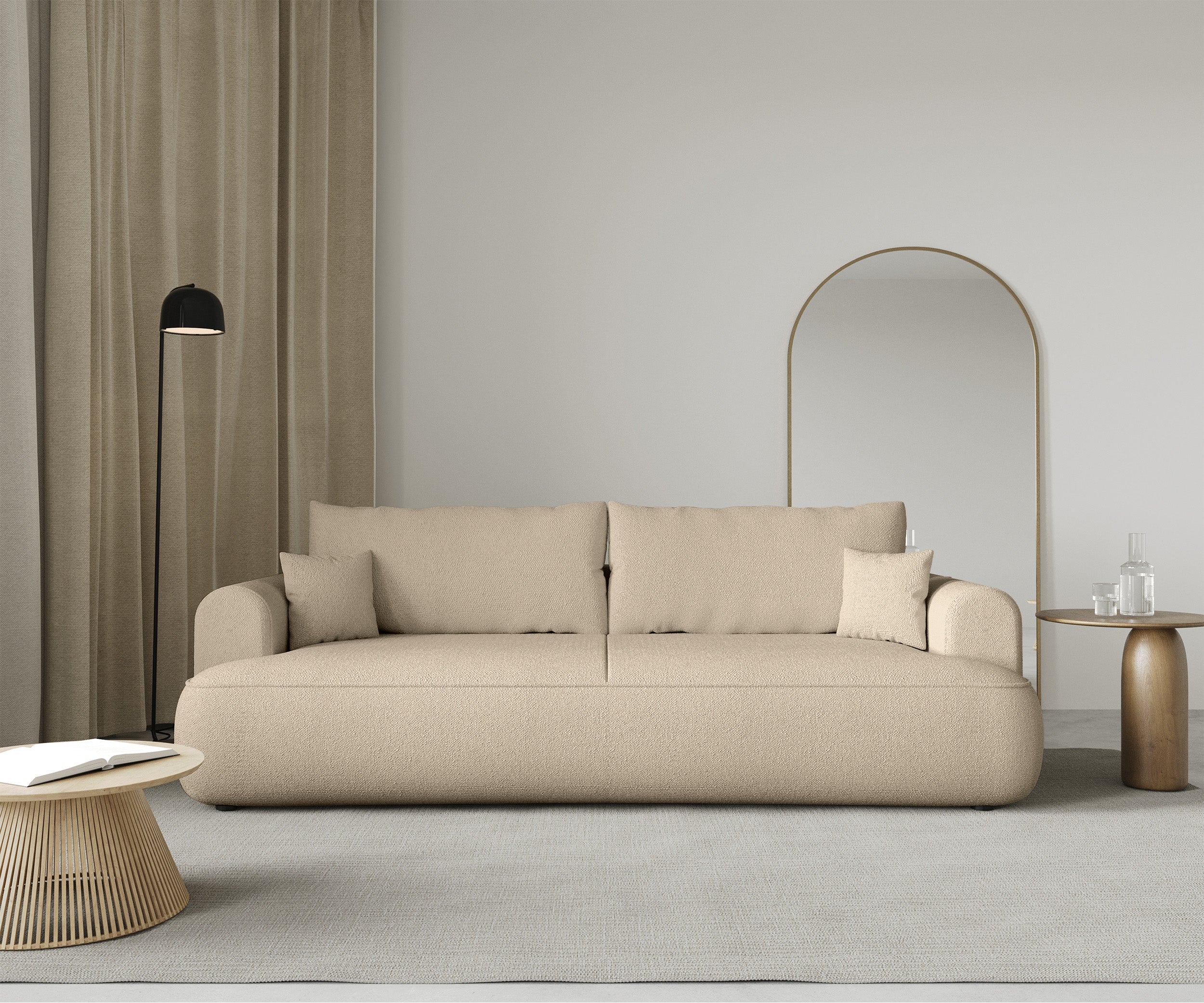 Dreisitziges ausklappbares Sofa Ovo mit Stauraum, hellbeige Chenille