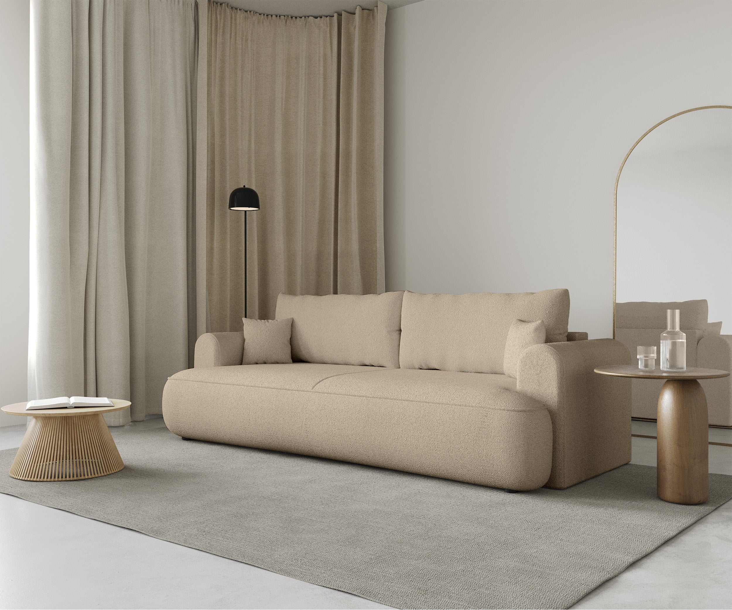 Dreisitziges ausklappbares Sofa Ovo mit Stauraum, hellbeige Chenille