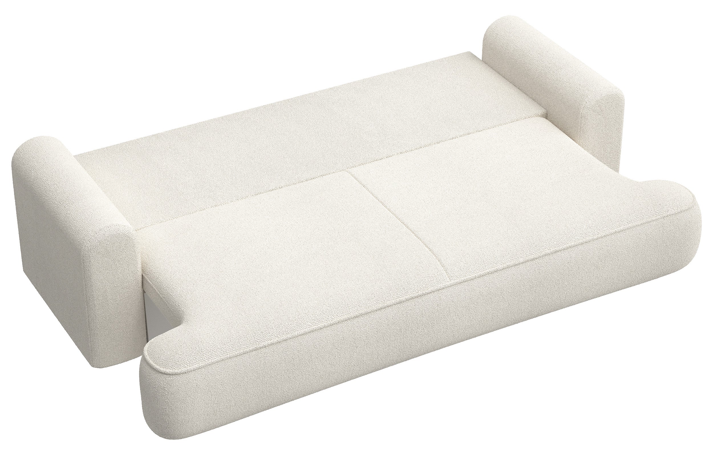 Dreisitziges ausklappbares Sofa Ovo mit Stauraum, cremefarbener Chenille-Bezug