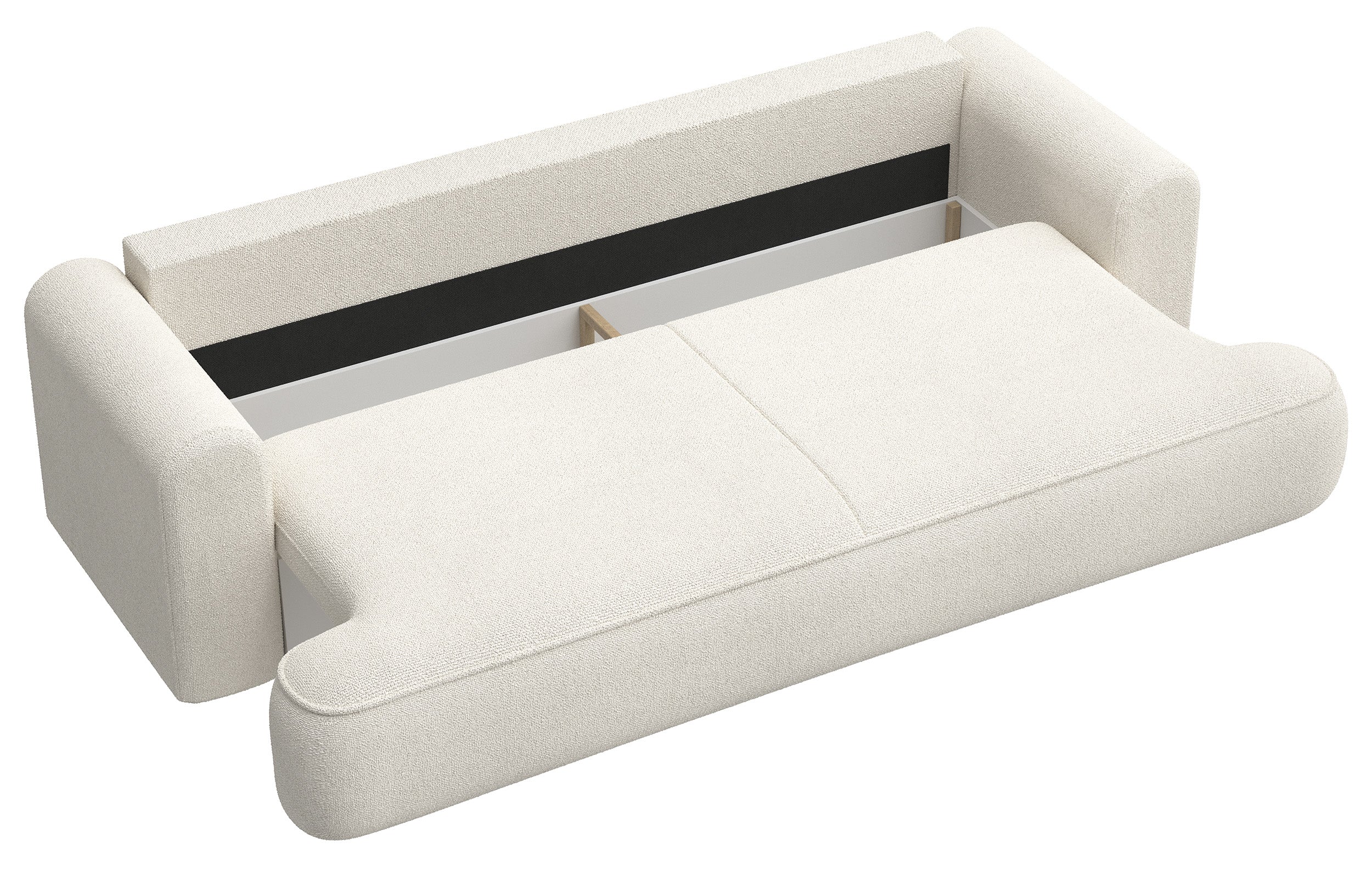 Dreisitziges ausklappbares Sofa Ovo mit Stauraum, cremefarbener Chenille-Bezug