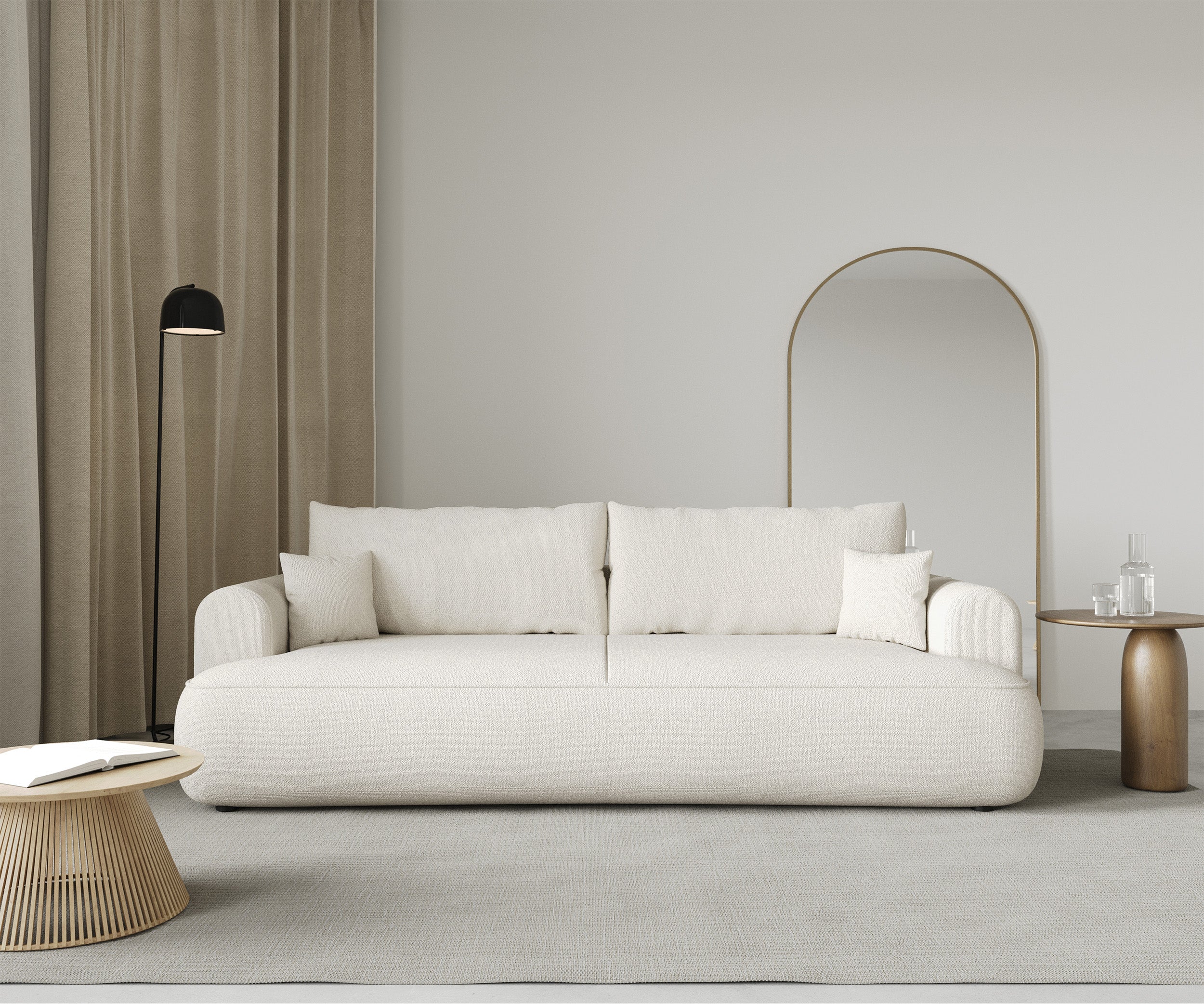 Dreisitziges ausklappbares Sofa Ovo mit Stauraum, cremefarbener Chenille-Bezug