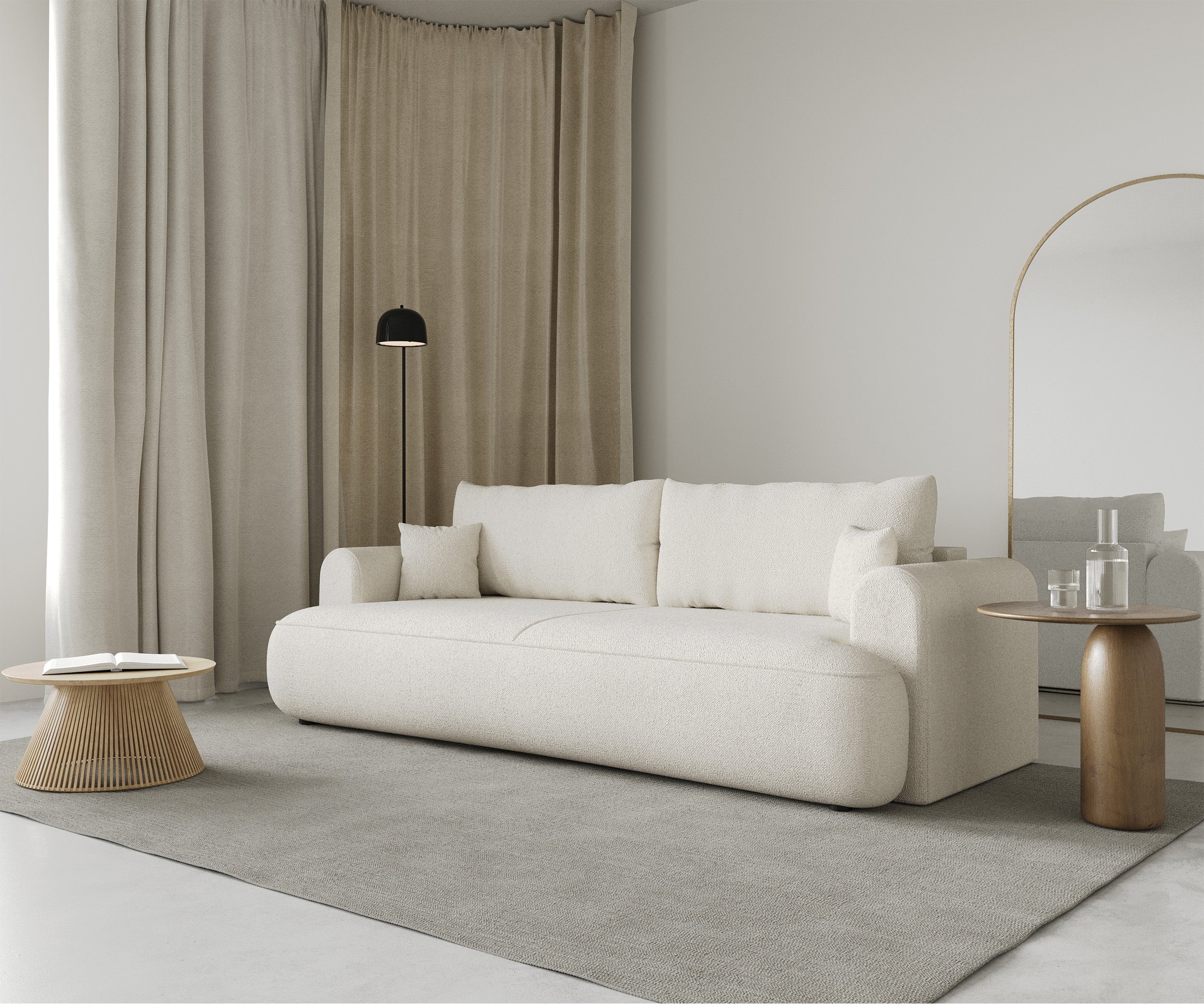 Dreisitziges ausklappbares Sofa Ovo mit Stauraum, cremefarbener Chenille-Bezug