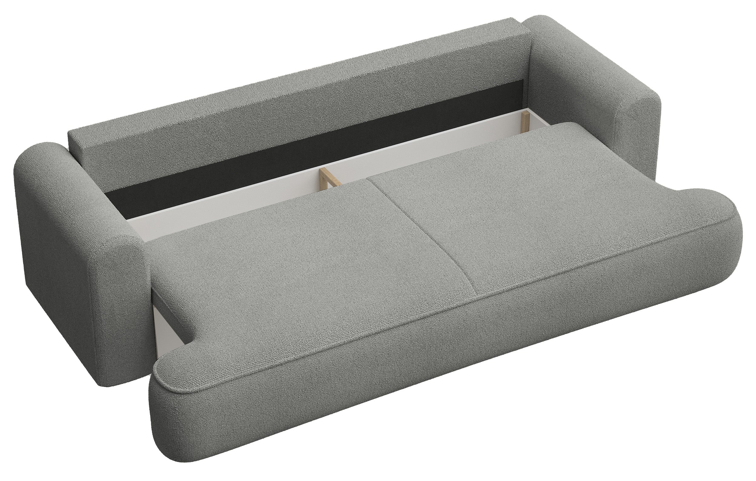 Dreisitziges ausklappbares Sofa Ovo mit Stauraum, grauer Chenille-Bezug