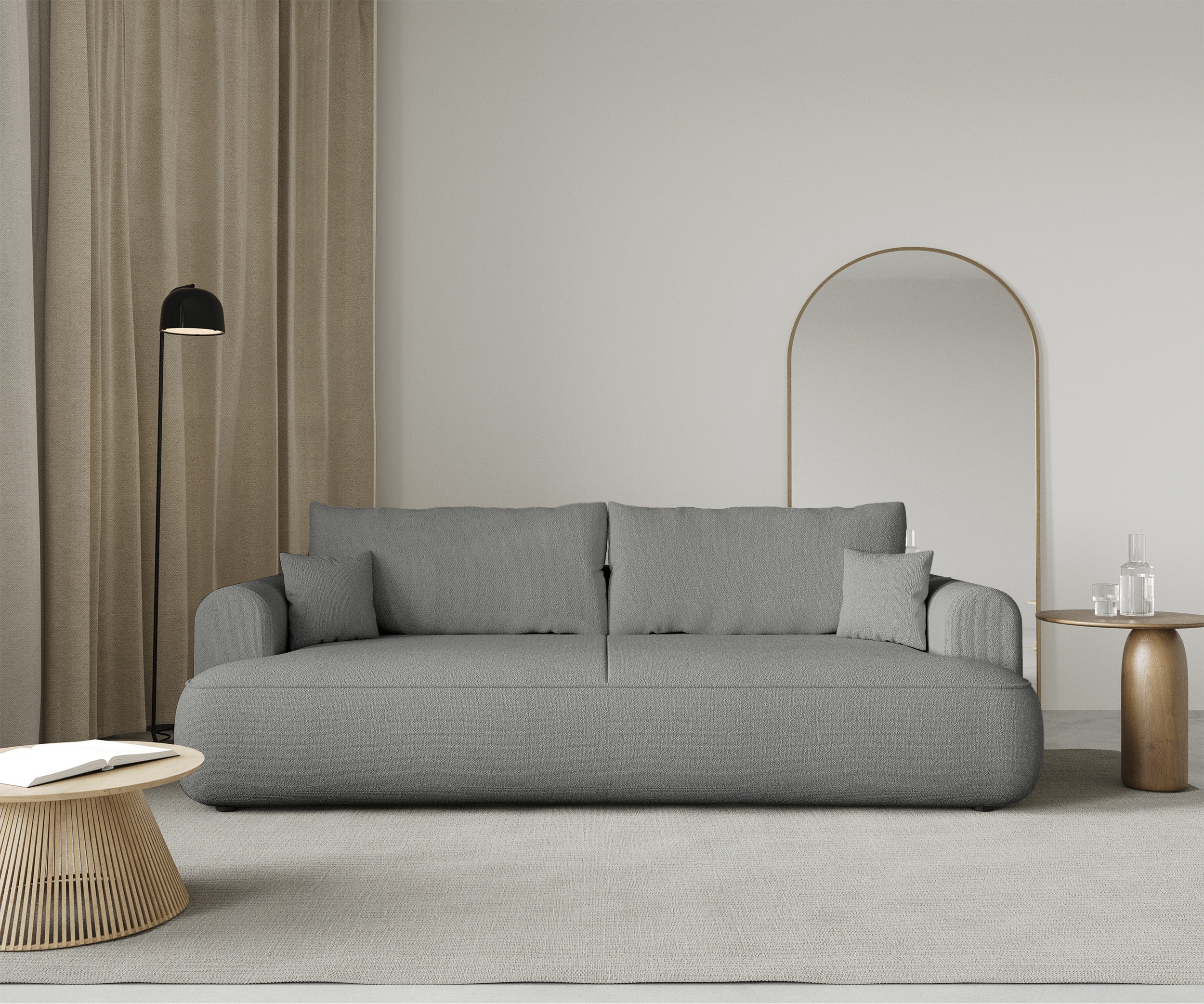 Dreisitziges ausklappbares Sofa Ovo mit Stauraum, grauer Chenille-Bezug