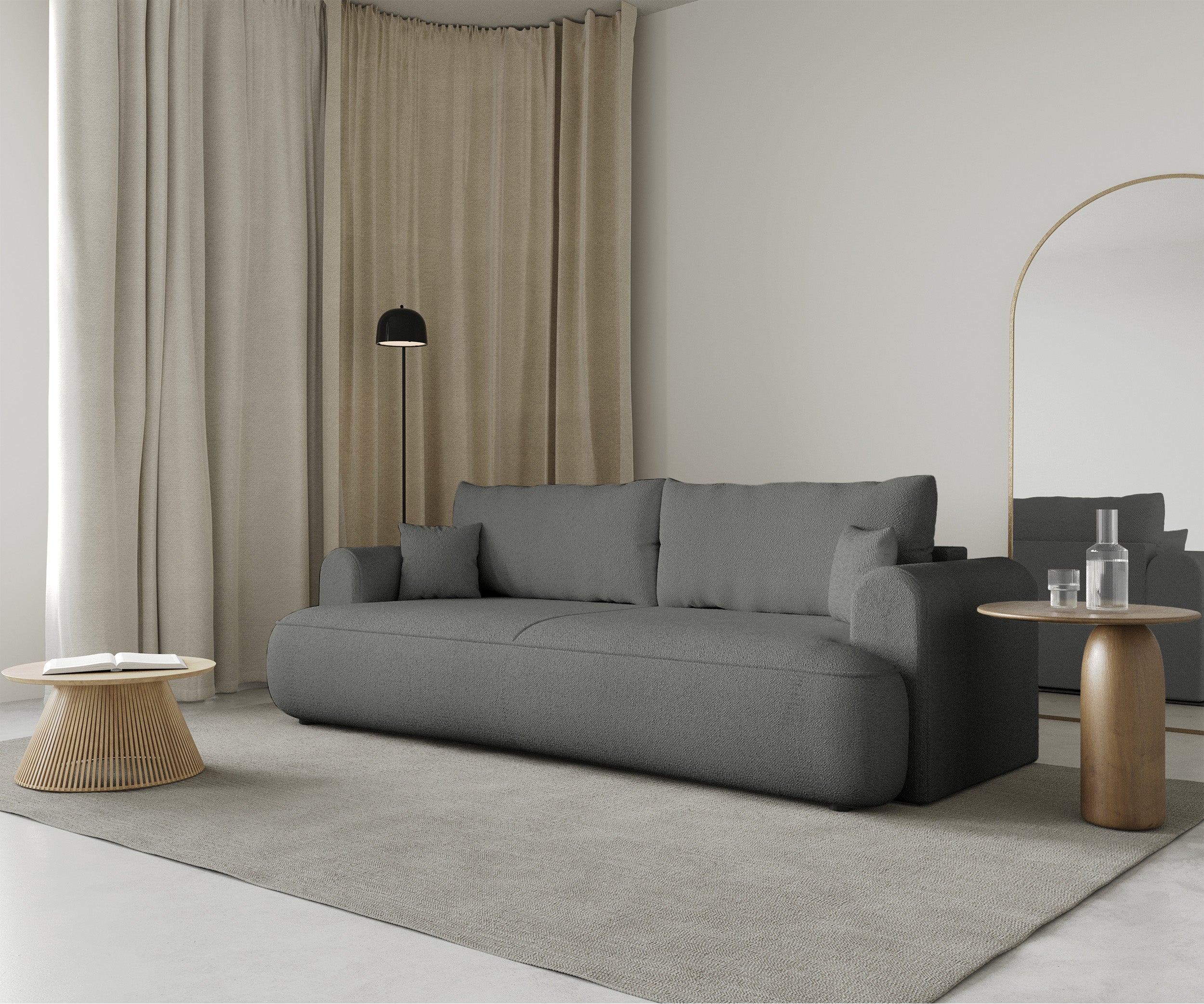 Dreisitziges ausklappbares Sofa Ovo mit Stauraum, grauer Chenille-Bezug
