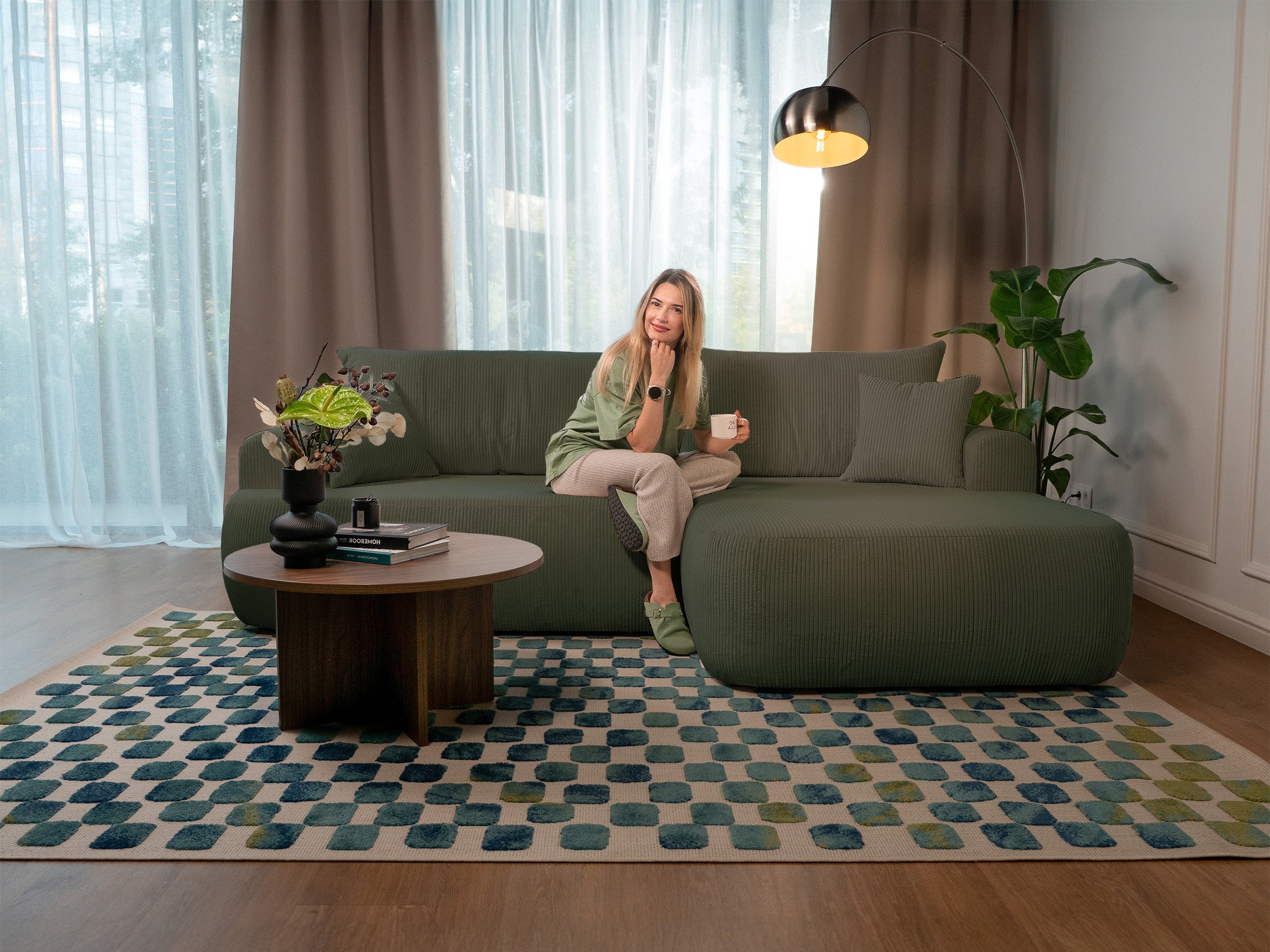 Ovo Cord Ecksofa mit Schlaffunktion, L-förmig, rechtsseitig, mit Stauraum, olivgrüner Cordstoff