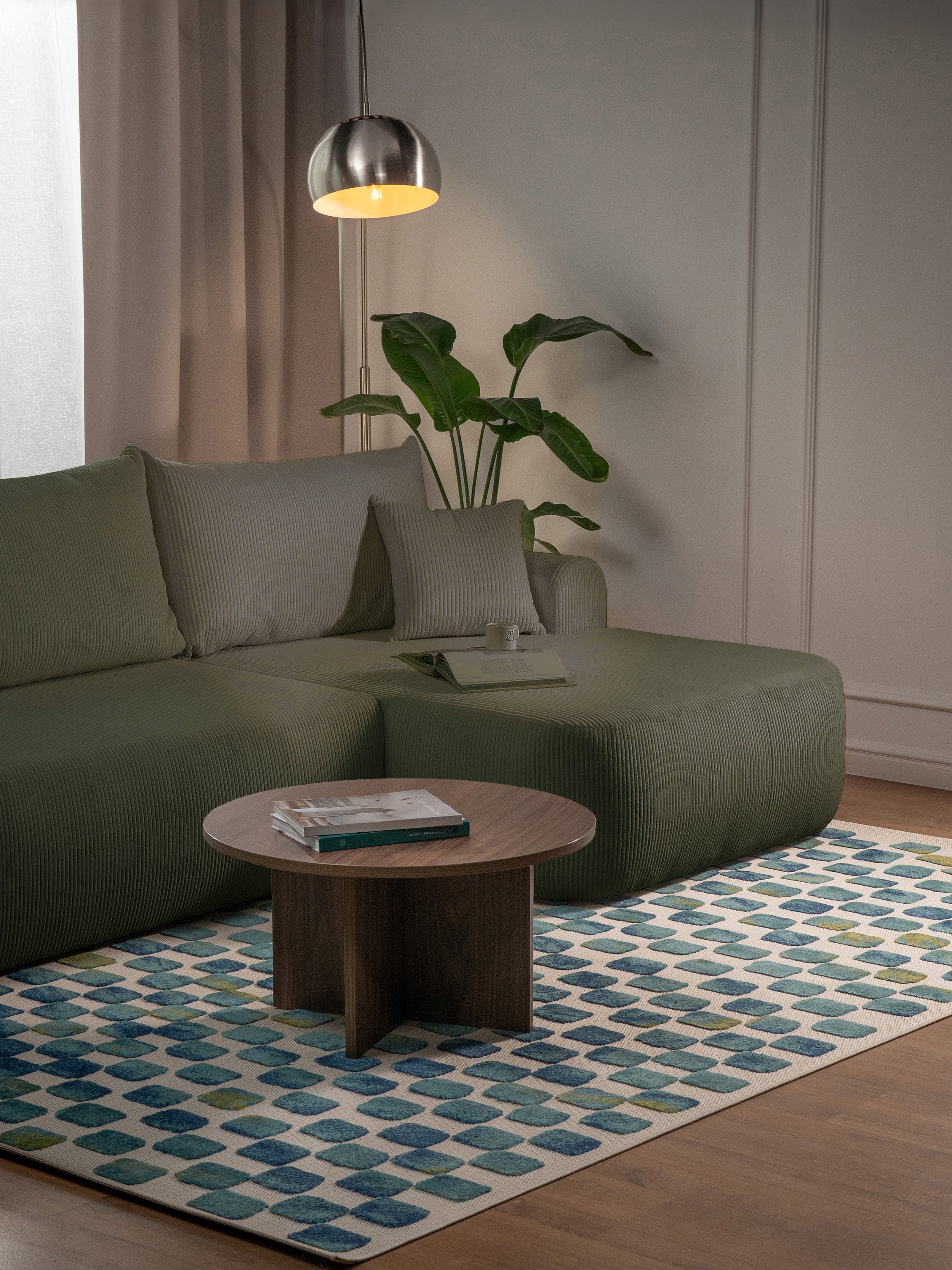 Ovo Cord Ecksofa mit Schlaffunktion, L-förmig, rechtsseitig, mit Stauraum, olivgrüner Cordstoff