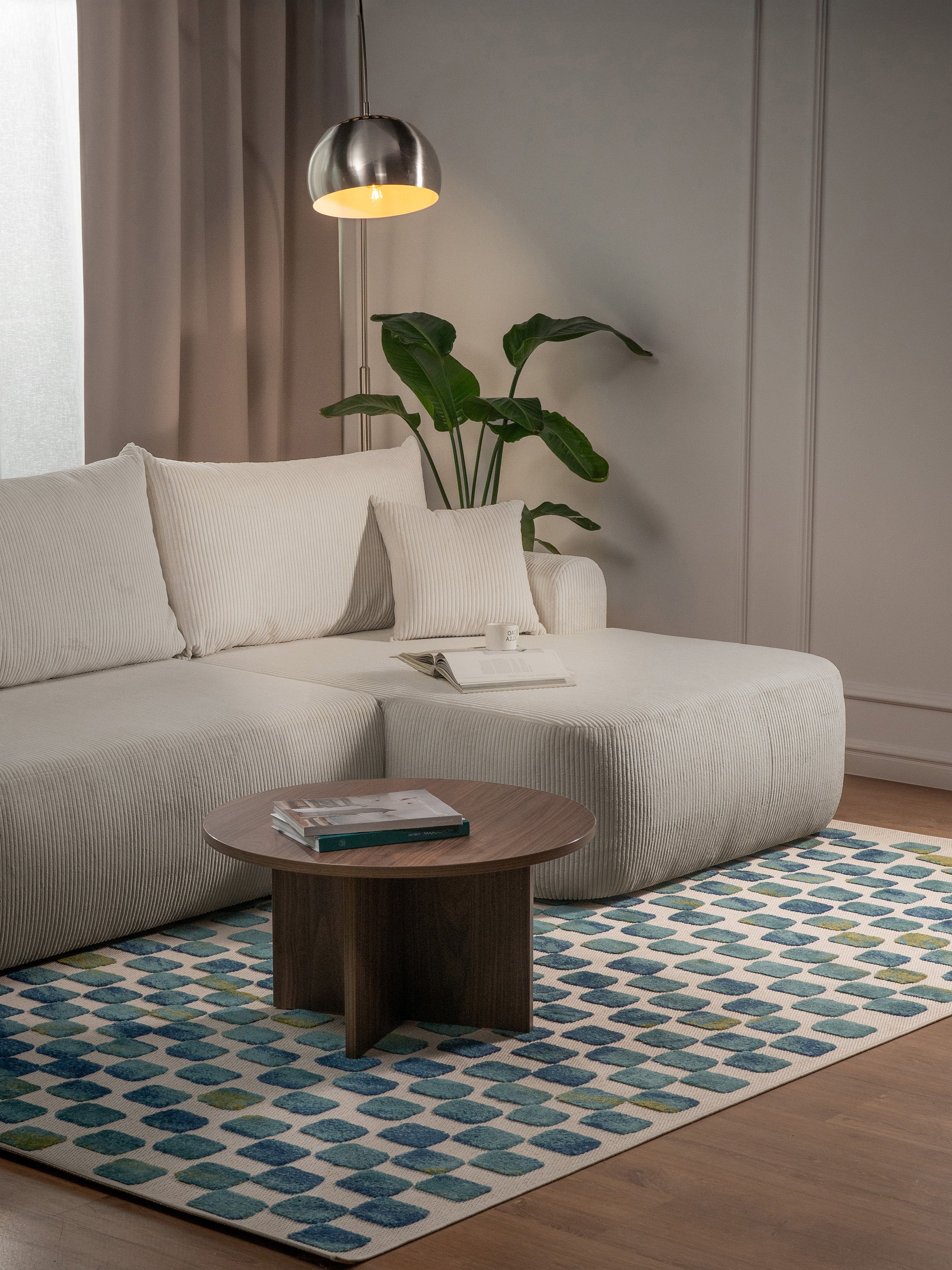 Ovo Cord Ecksofa mit Schlaffunktion, L-förmig, rechtsseitig, mit Stauraum, hellbeiger Cordstoff