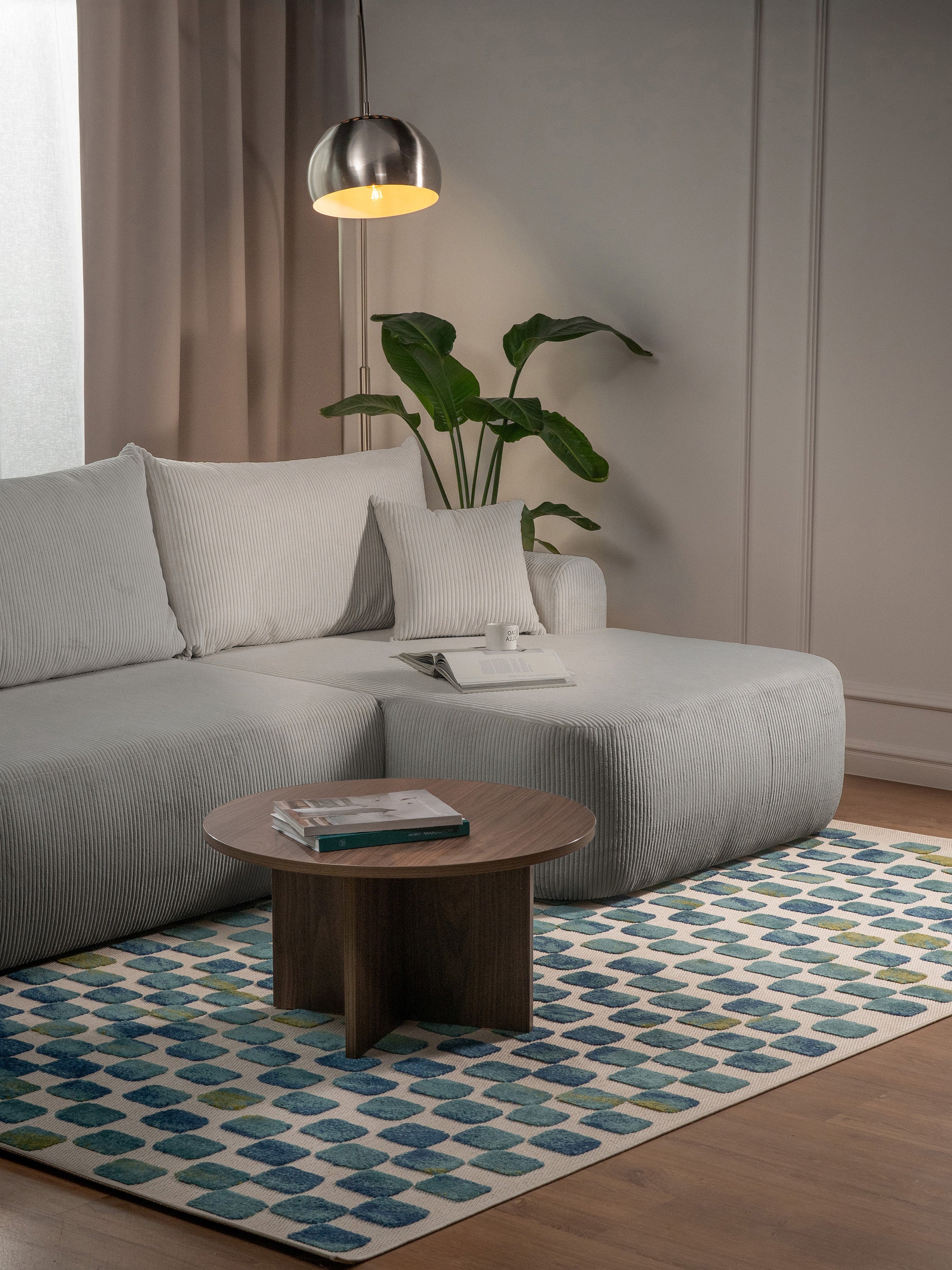 Ovo Cord Ecksofa mit Schlaffunktion, L-Form, rechtsseitig, mit Stauraum, grau-beiger Cordstoff