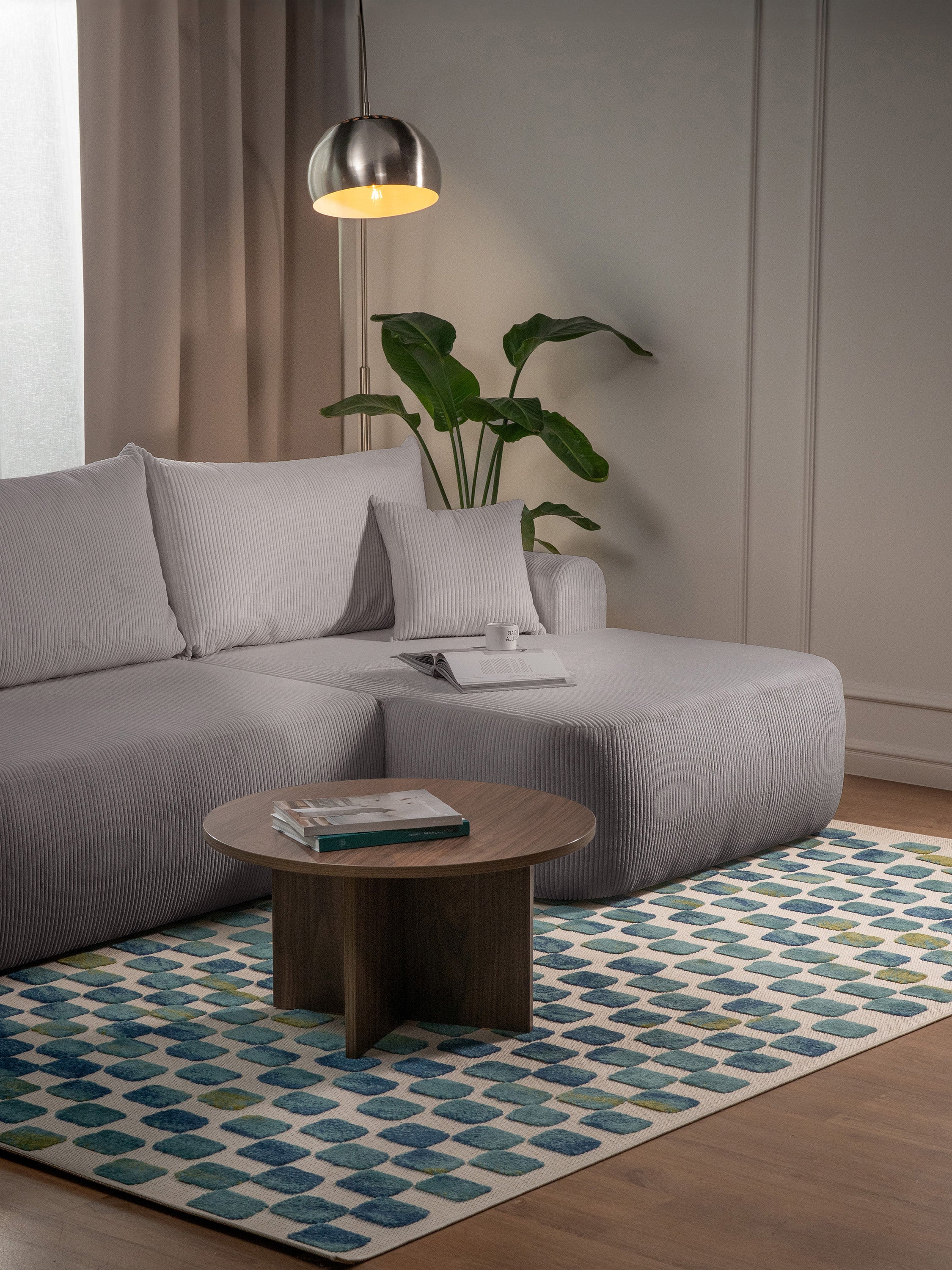 Ecksofa mit Schlafunktion Ovo Cord, L-förmig, rechtsseitig, mit Stauraum, hellgrauer Cordstoff
